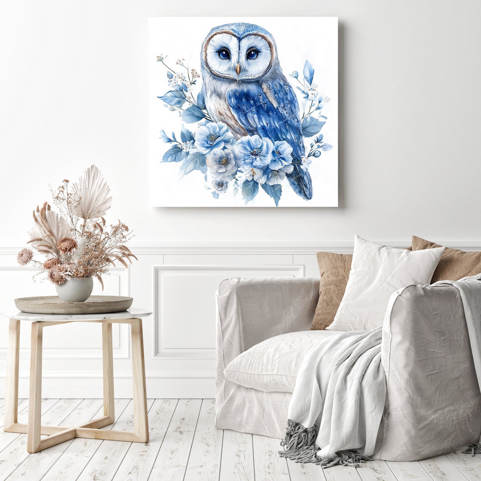 Owl with Blue Blooms Diamond Painting as Home Decor