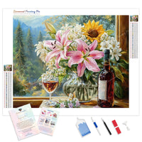 Flowers and Wine Diamond Painting Kit - Full Drill / Square or Round Diamonds with AB Drills Option