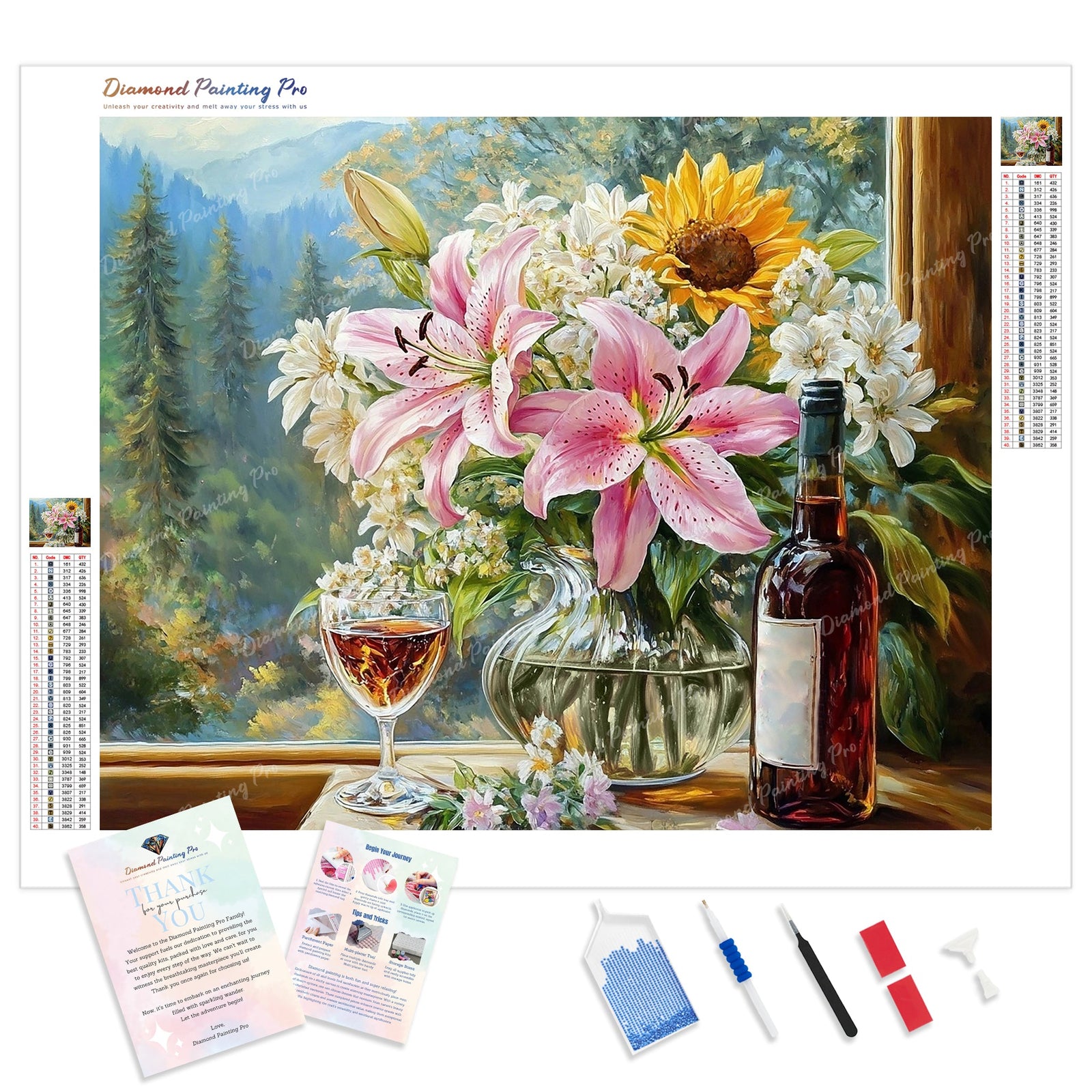 Flowers and Wine Diamond Painting Kit - Full Drill / Square or Round Diamonds with AB Drills Option