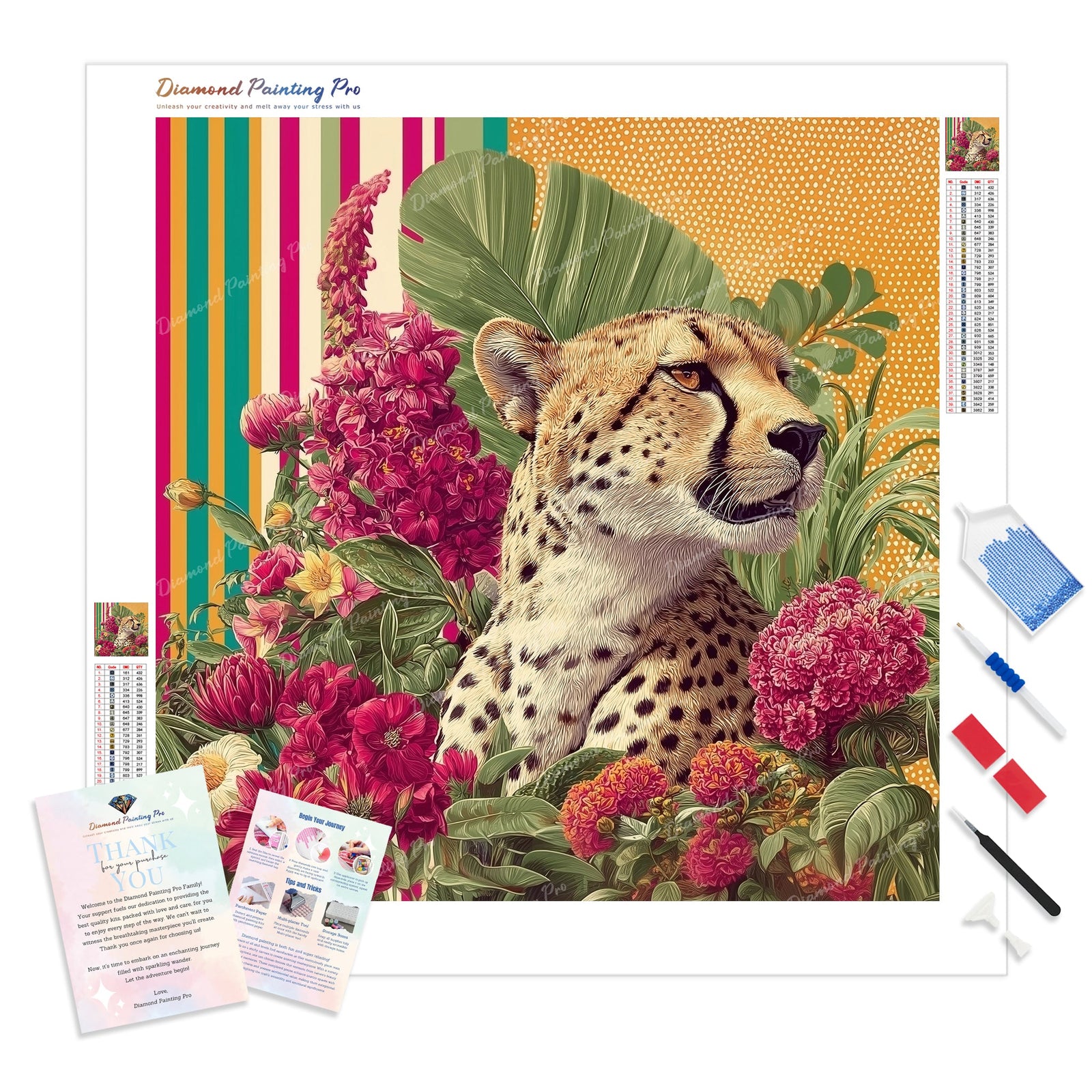 Jungle Cheetah Bloom Diamond Painting Kit - Full Drill / Square or Round Diamonds with AB Drills Option