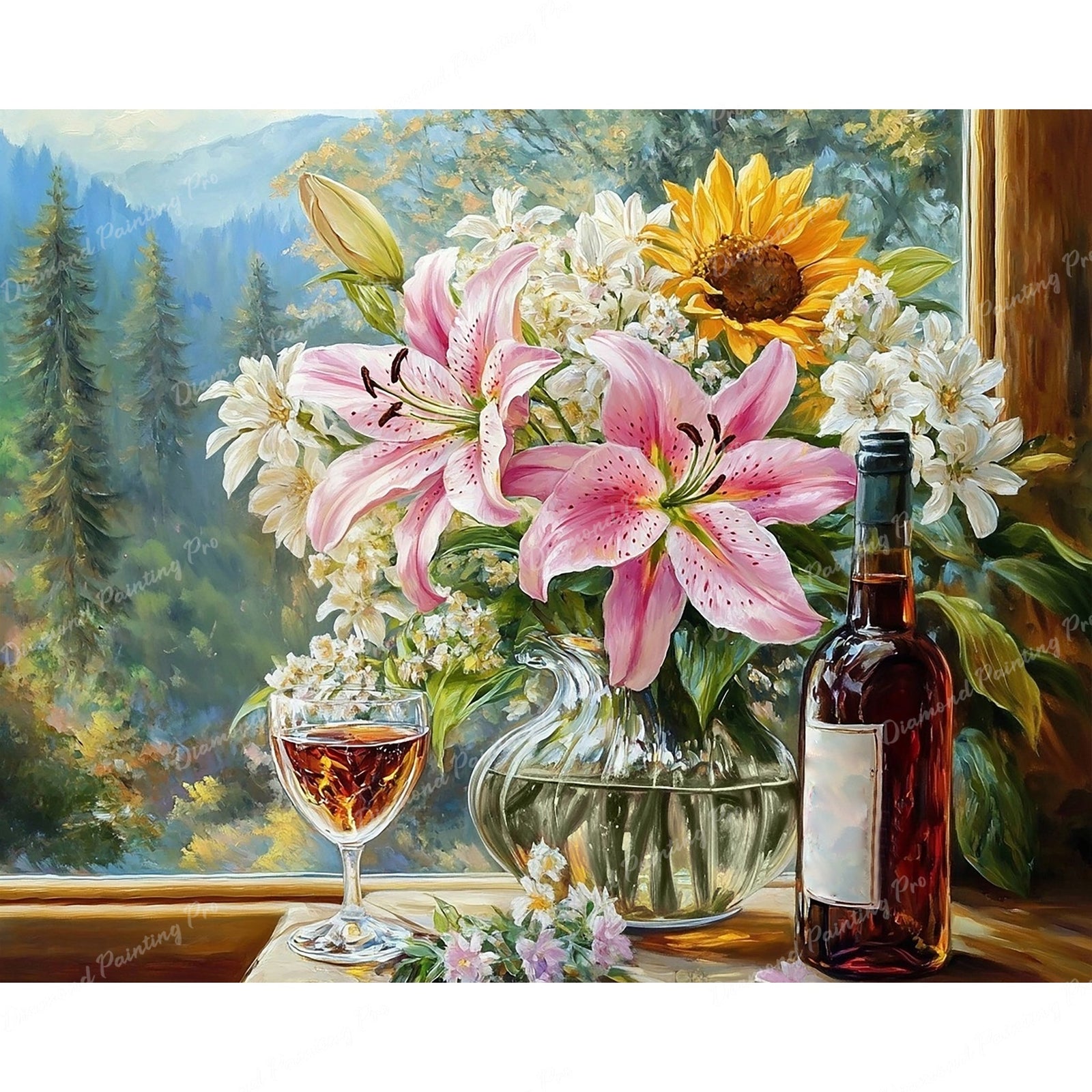 Flowers and Wine Diamond Art Design - Full Drill with 5d Square or Round Diamonds / AB Drills Available