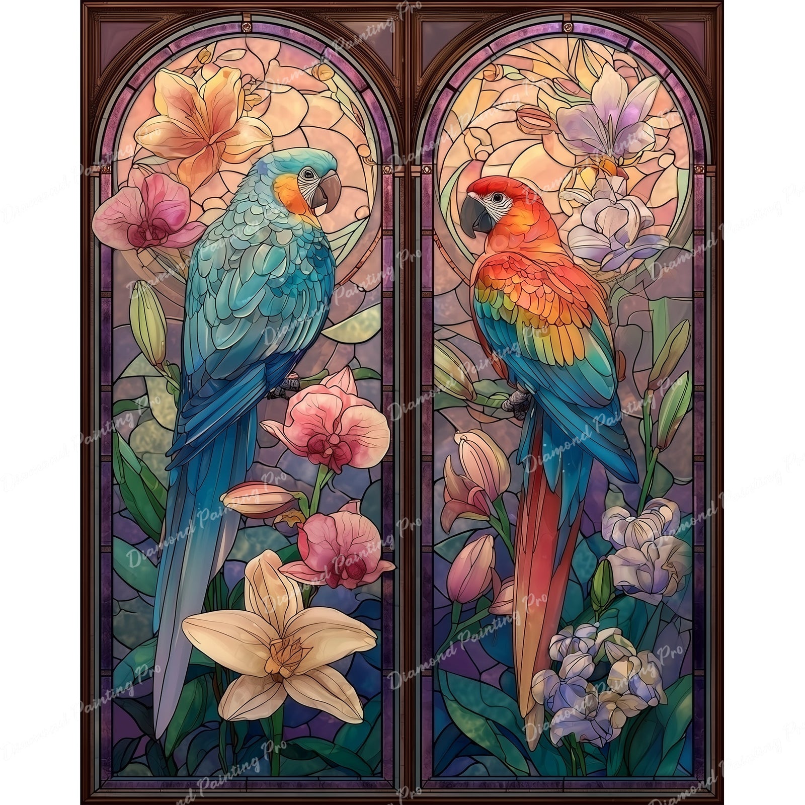 Stained Glass Orchid Parrots Diamond Art Design - Full Drill with 5d Square or Round Diamonds / AB Drills Available