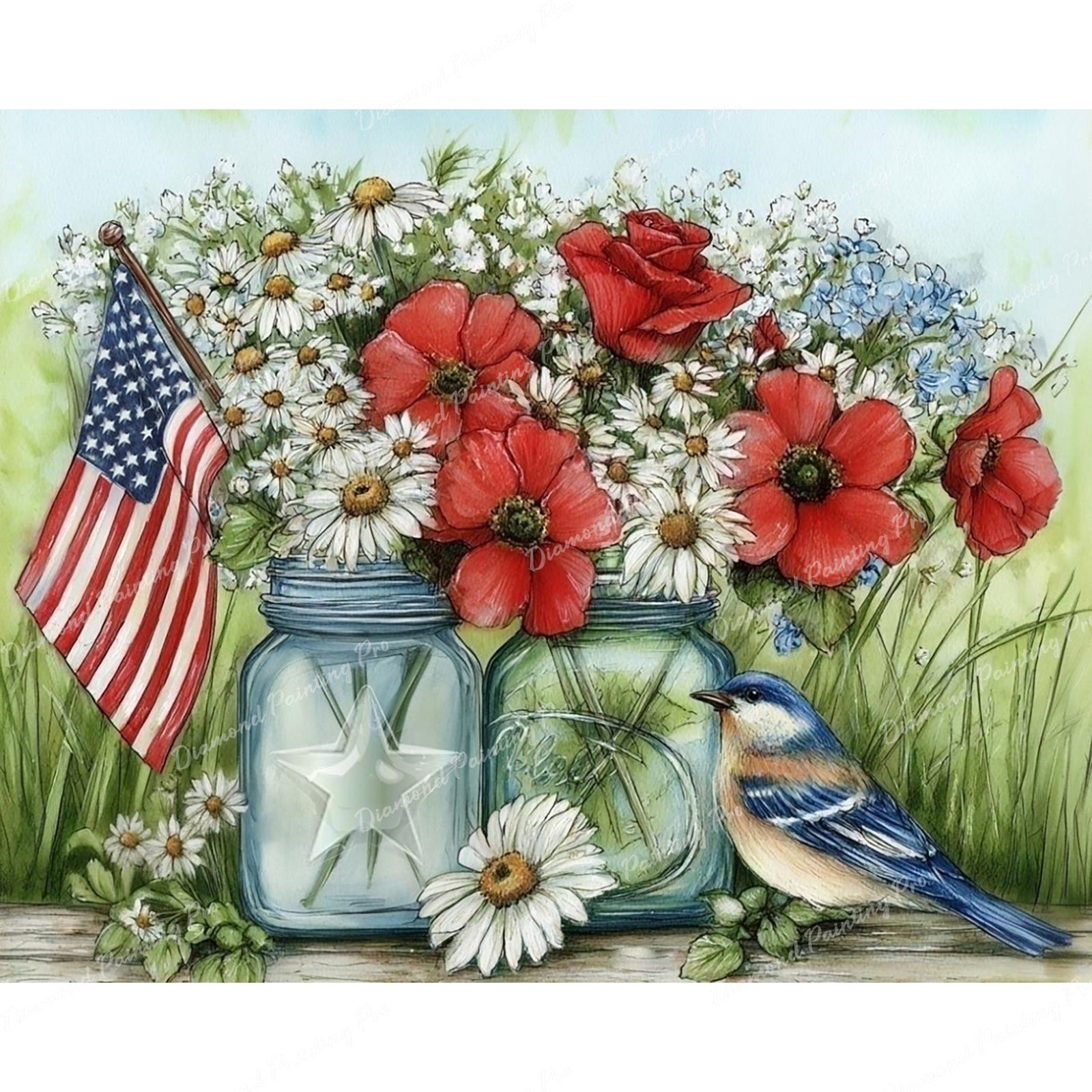 Stars, Stripes, and Blooms Diamond Art Design - Full Drill with 5d Square or Round Diamonds / AB Drills Available