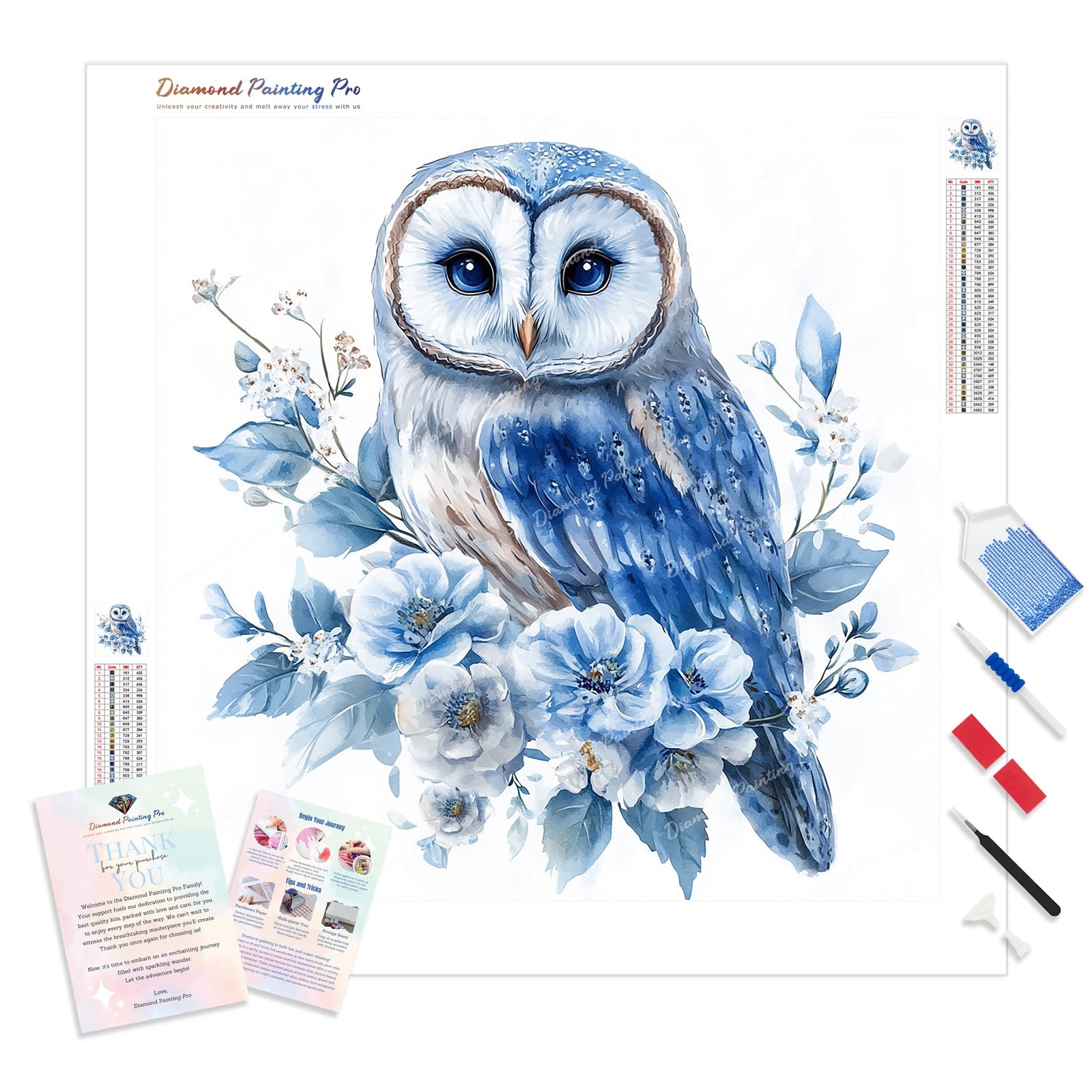 Owl with Blue Blooms Diamond Painting Kit - Full Drill / Square or Round Diamonds with AB Drills Option