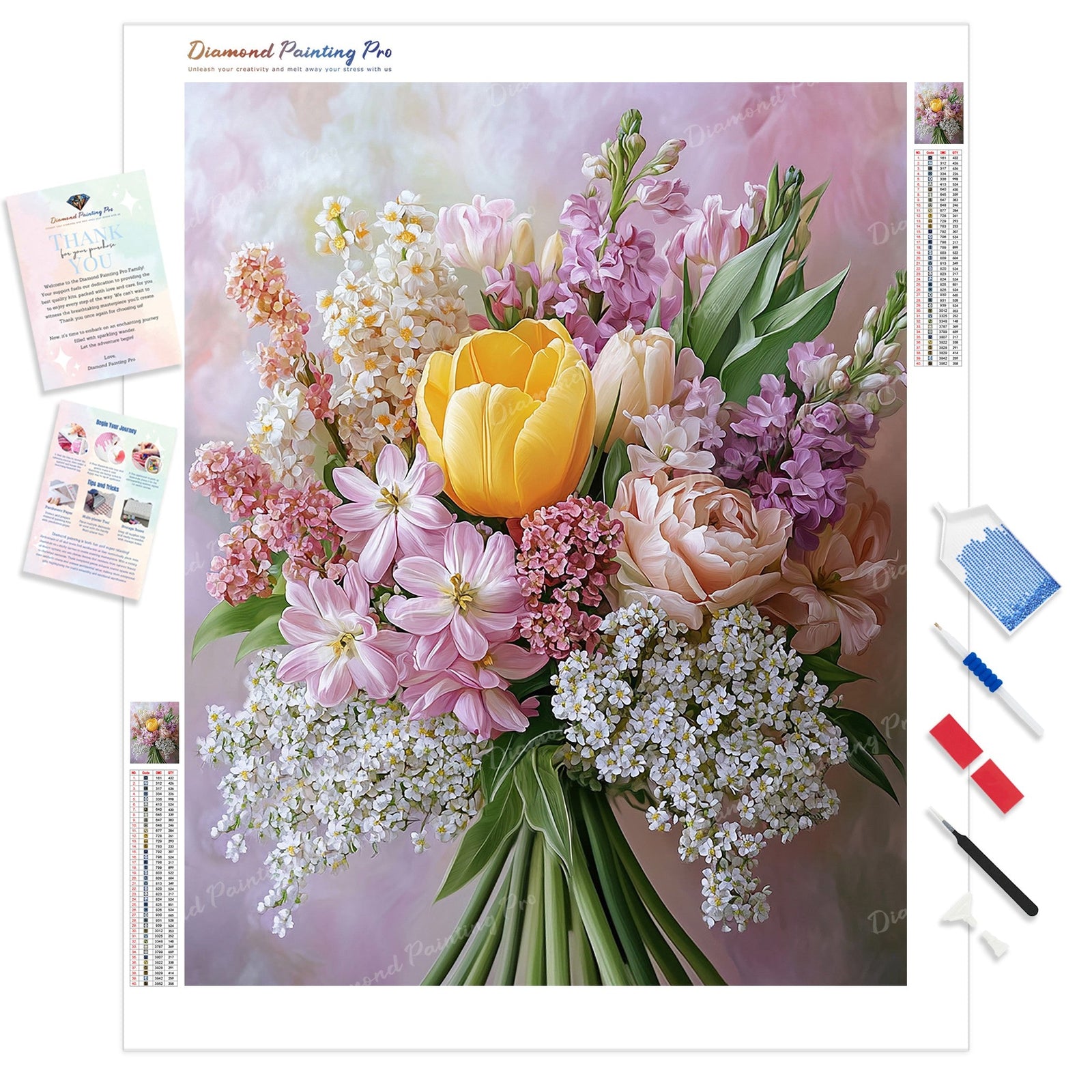 Pastel Flower Bouquet Diamond Painting Kit - Full Drill / Square or Round Diamonds with AB Drills Option