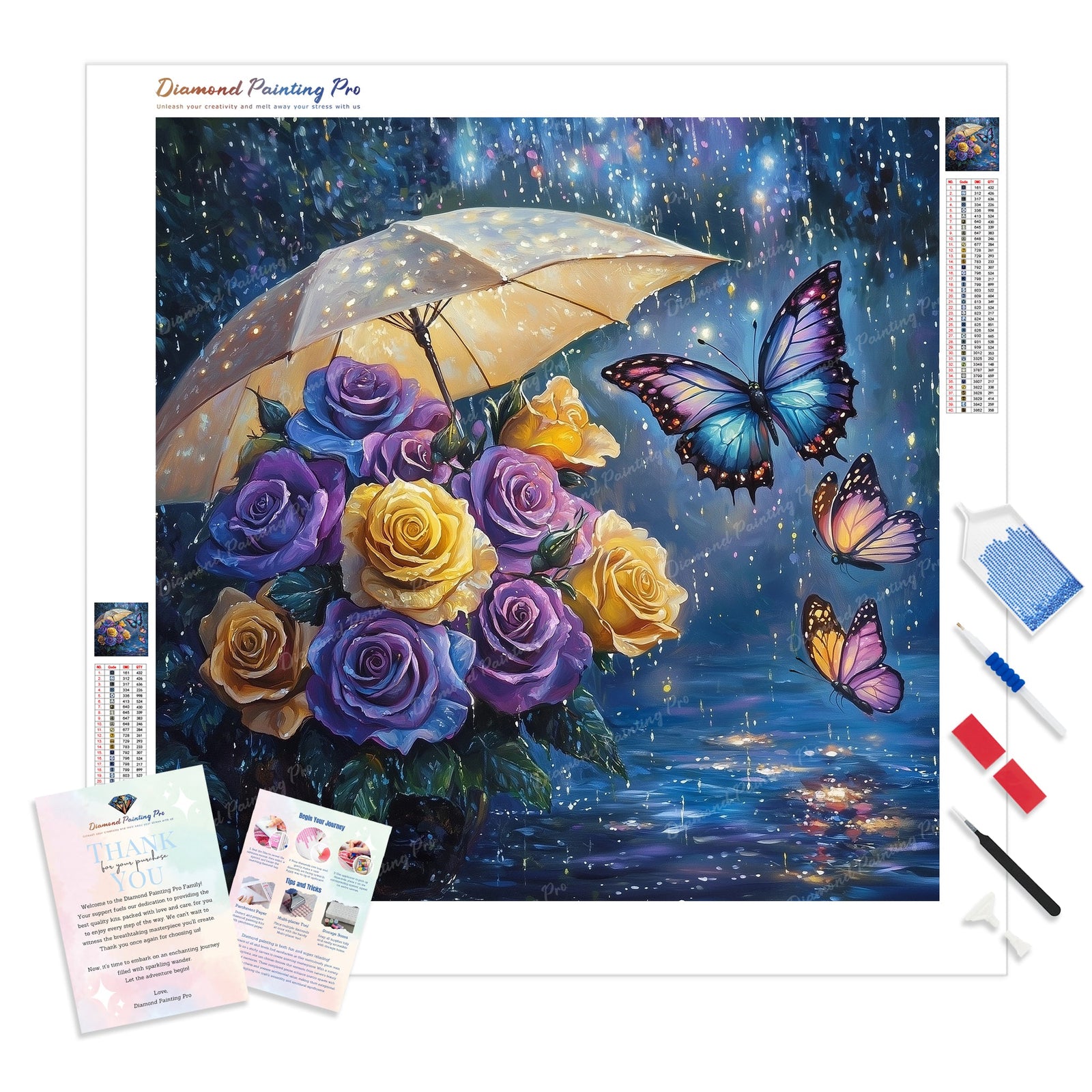 Raindrop Roses and Butterflies Diamond Painting Kit - Full Drill / Square or Round Diamonds with AB Drills Option