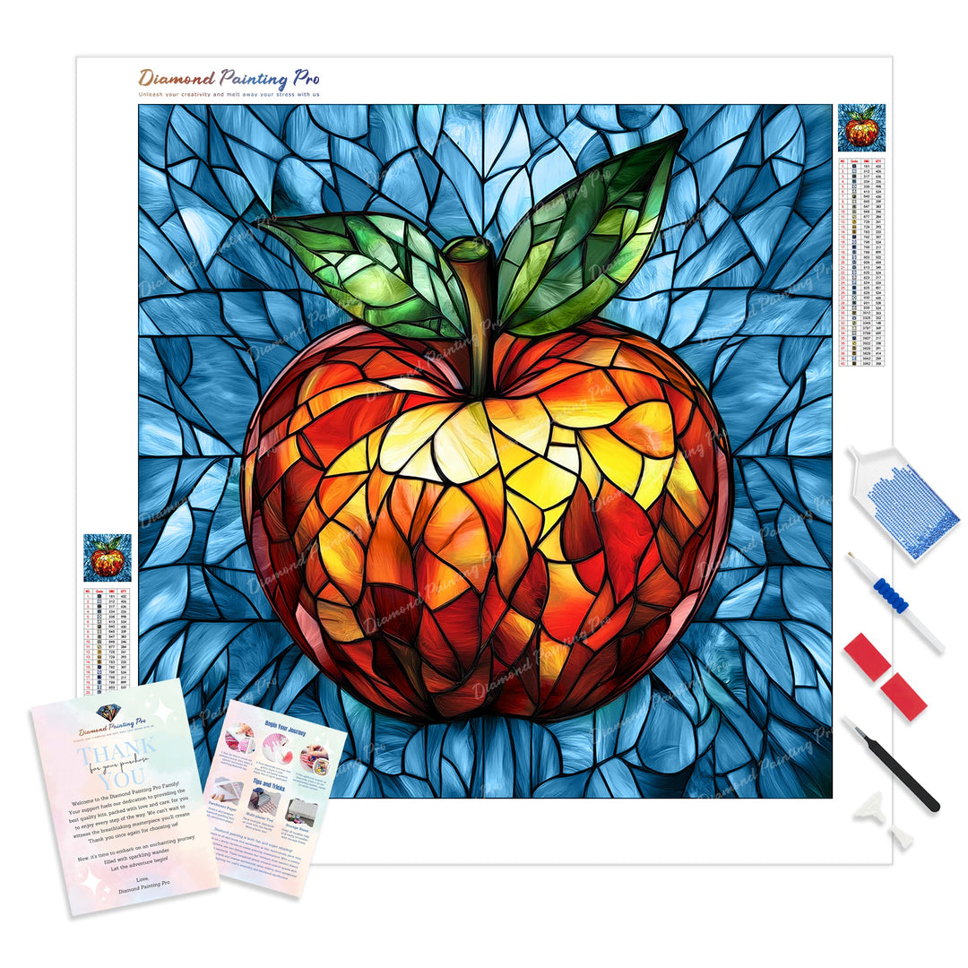 Stained Glass Apple Diamond Painting Kit - Full Drill / Square or Round Diamonds with AB Drills Option