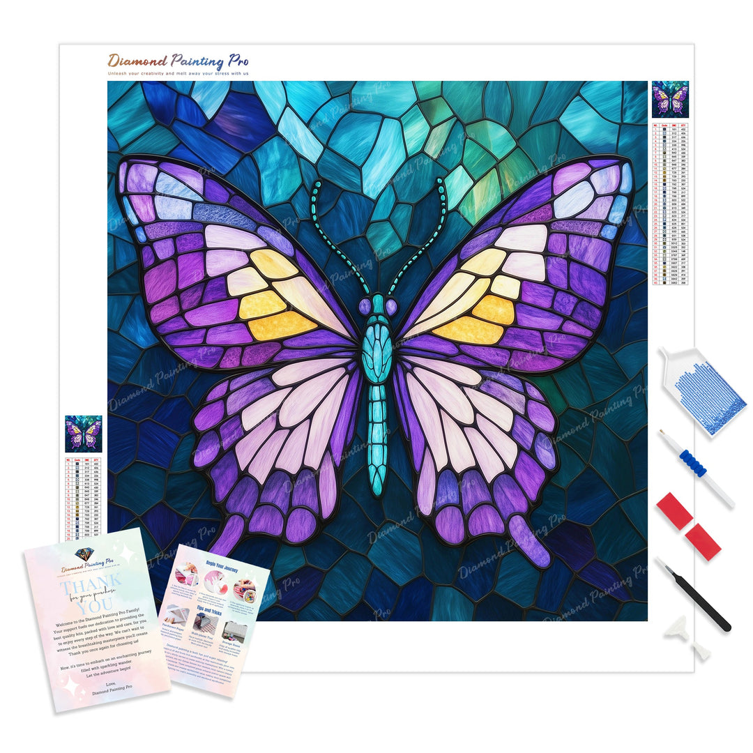 Stained Glass Butterfly Diamond Painting Kit - Full Drill / Square or Round Diamonds with AB Drills Option