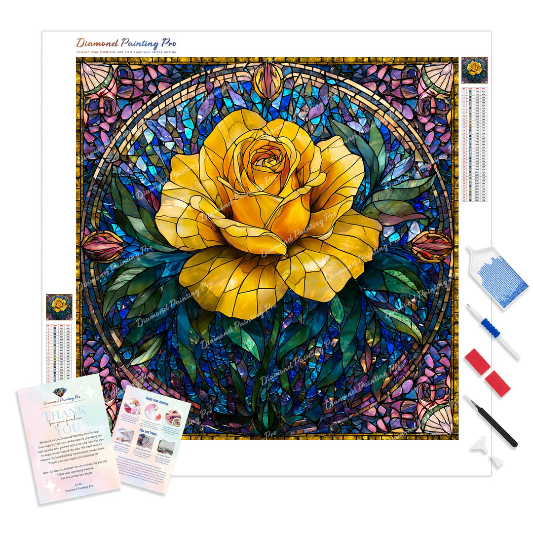 Stained Glass Golden Rose Diamond Painting Kit - Full Drill / Square or Round Diamonds with AB Drills Option