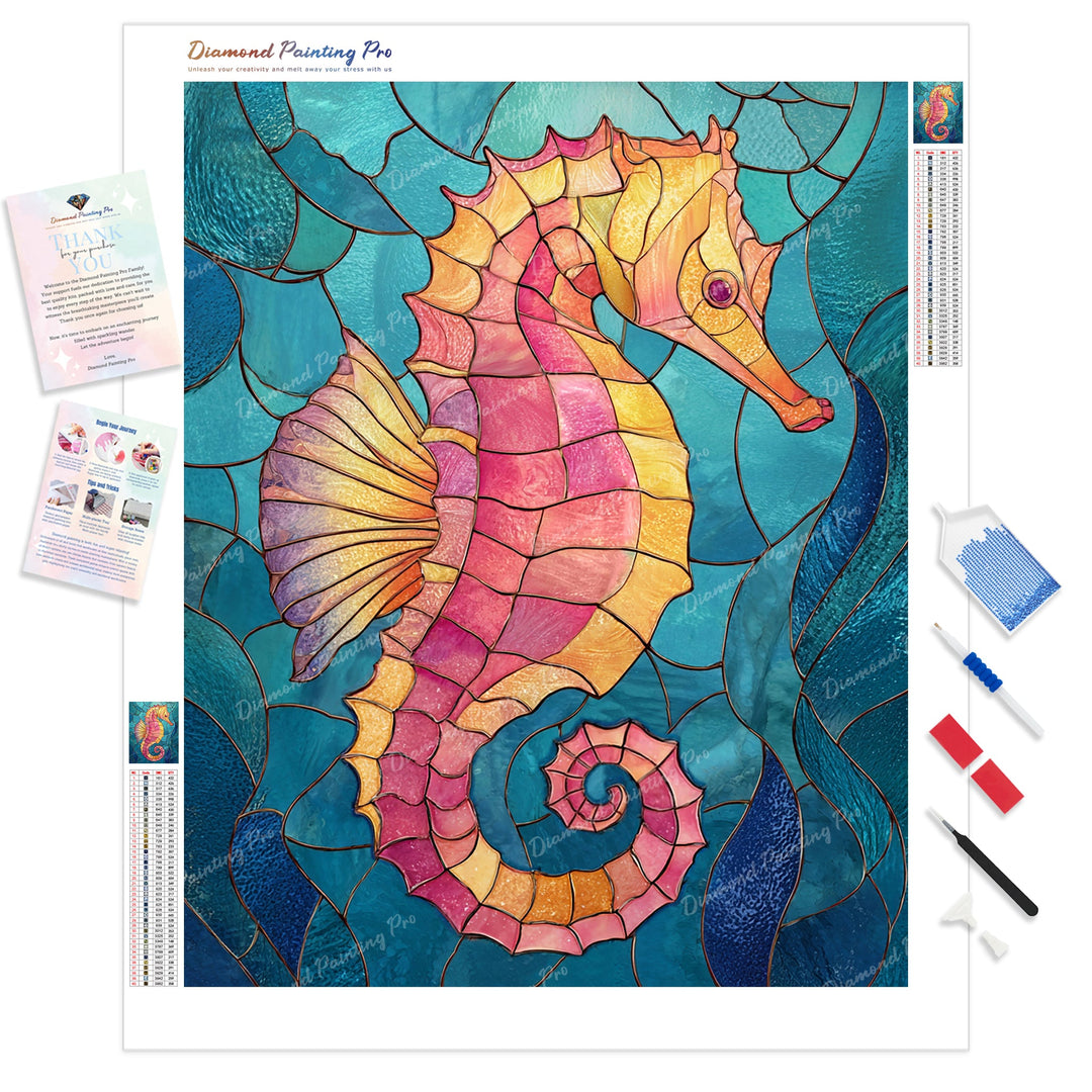Stained Glass Mystic Seahorse Diamond Painting Kit - Full Drill / Square or Round Diamonds with AB Drills Option