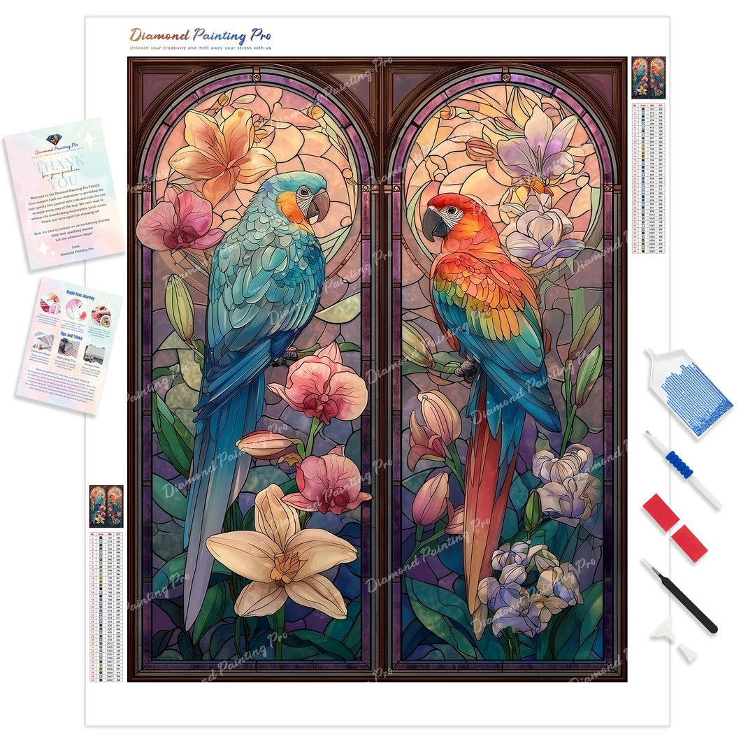 Stained Glass Orchid Parrots Diamond Painting Kit - Full Drill / Square or Round Diamonds with AB Drills Option