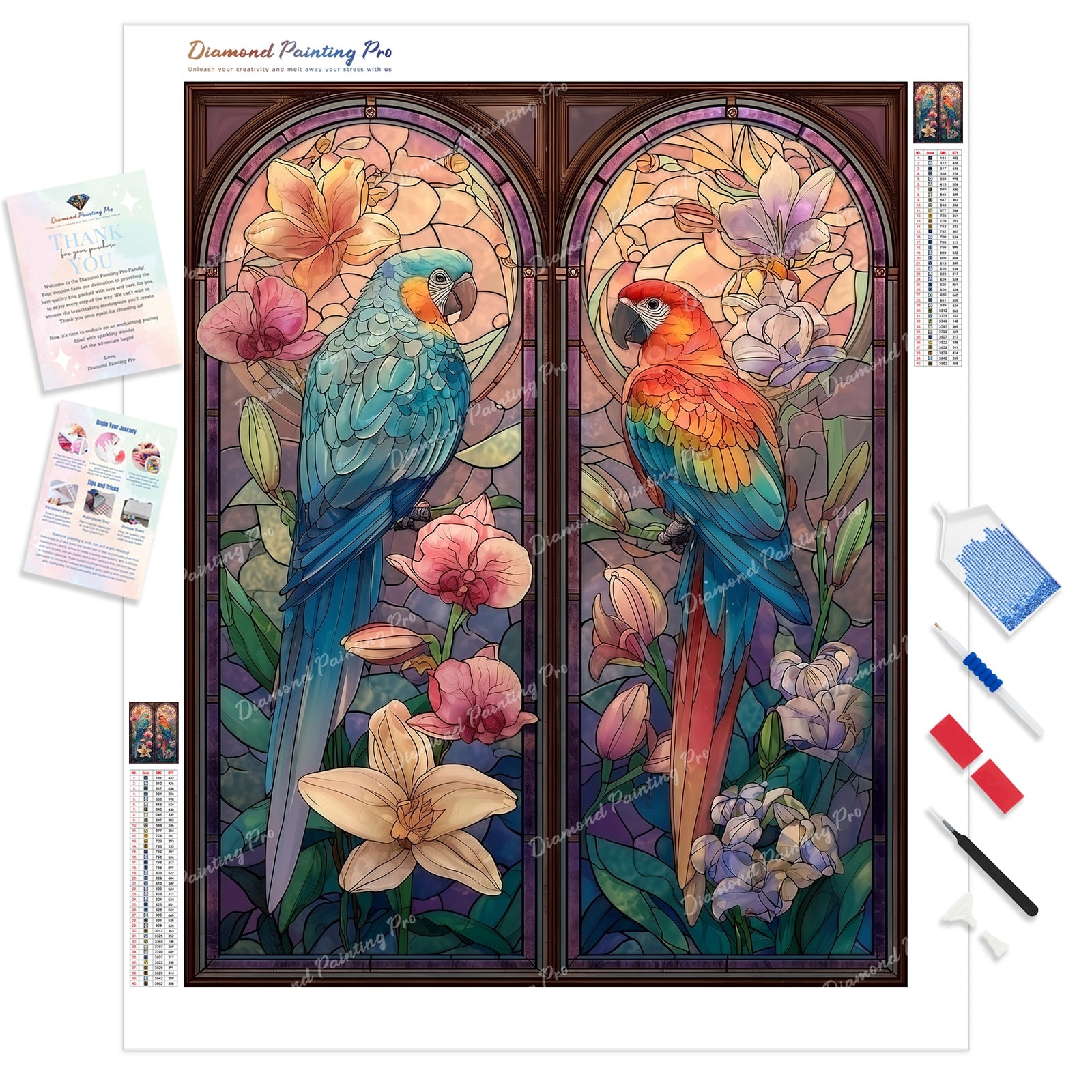 Stained Glass Orchid Parrots Diamond Painting Kit - Full Drill / Square or Round Diamonds with AB Drills Option
