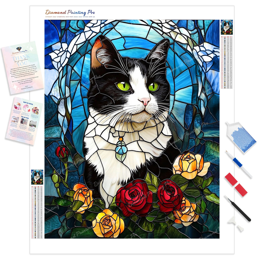 Stained Glass Purr-trait Diamond Painting Kit - Full Drill / Square or Round Diamonds with AB Drills Option