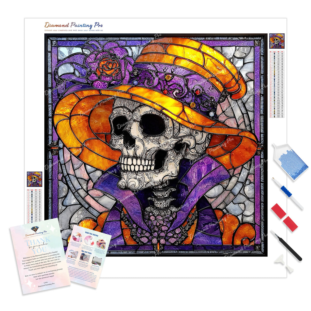 Stained Glass Skull Baron Diamond Painting Kit - Full Drill / Square or Round Diamonds with AB Drills Option