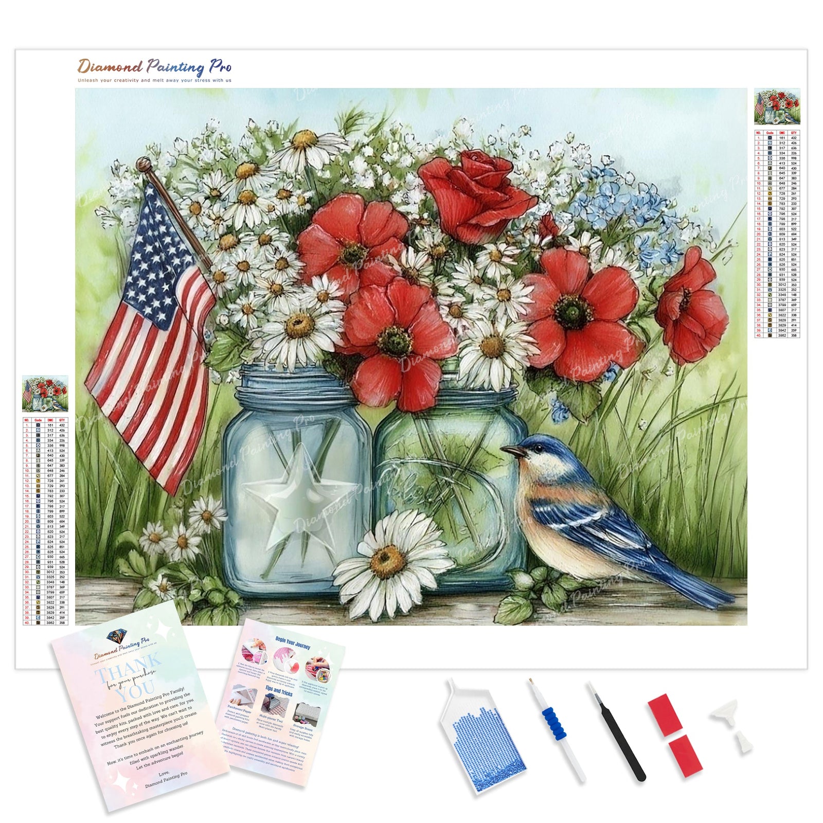 Stars, Stripes, and Blooms Diamond Painting Kit - Full Drill / Square or Round Diamonds with AB Drills Option