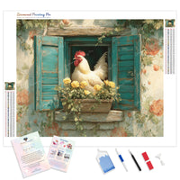 Sunny Rooster Window Diamond Painting Kit - Full Drill / Square or Round Diamonds with AB Drills Option