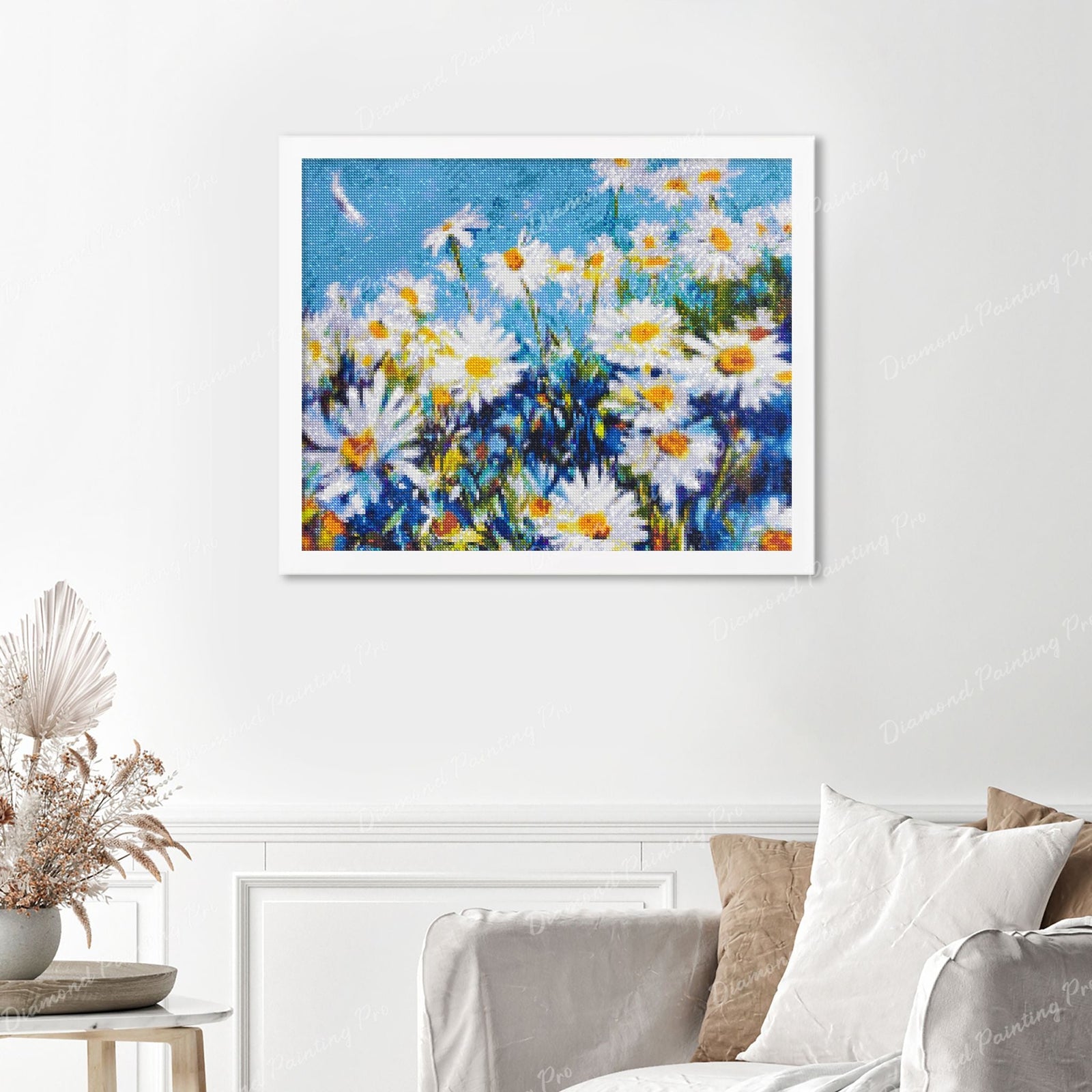 White Daisy Flower Finished Diamond Painting Displayed with White Frame as Home Decor