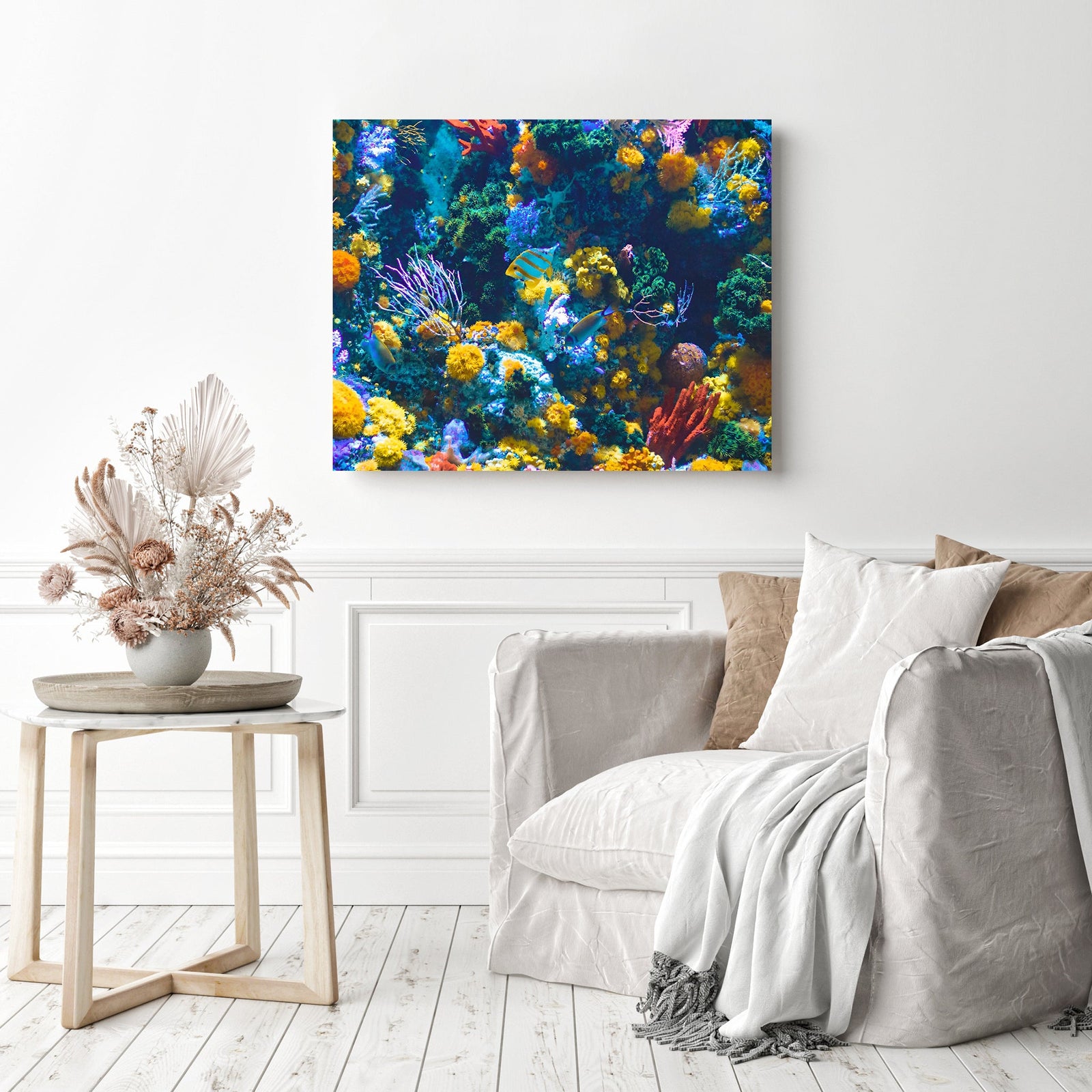 Blue and Gray Fish near Corals | Diamond Painting Displayed as Home Decor