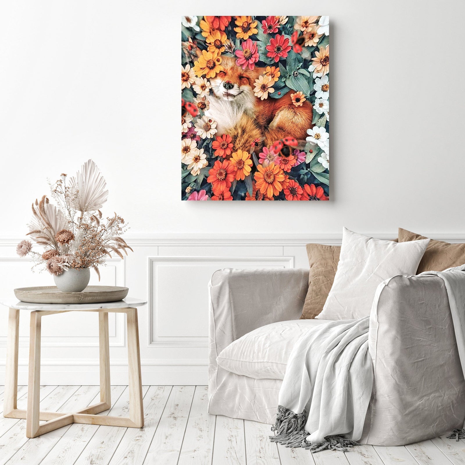 Smily Fox in Flowers | Diamond Painting Displayed as Home Decor