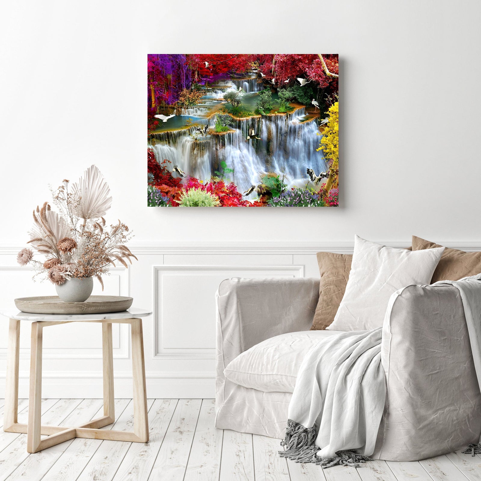 Fairytale Forest with Waterfall | Diamond Painting Displayed as Home Decor
