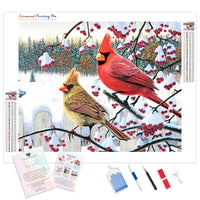 Cardinal Birds on Berry Branch | Diamond Painting Kit - Full Drill - Square or Round Diamonds with AB Drills Option