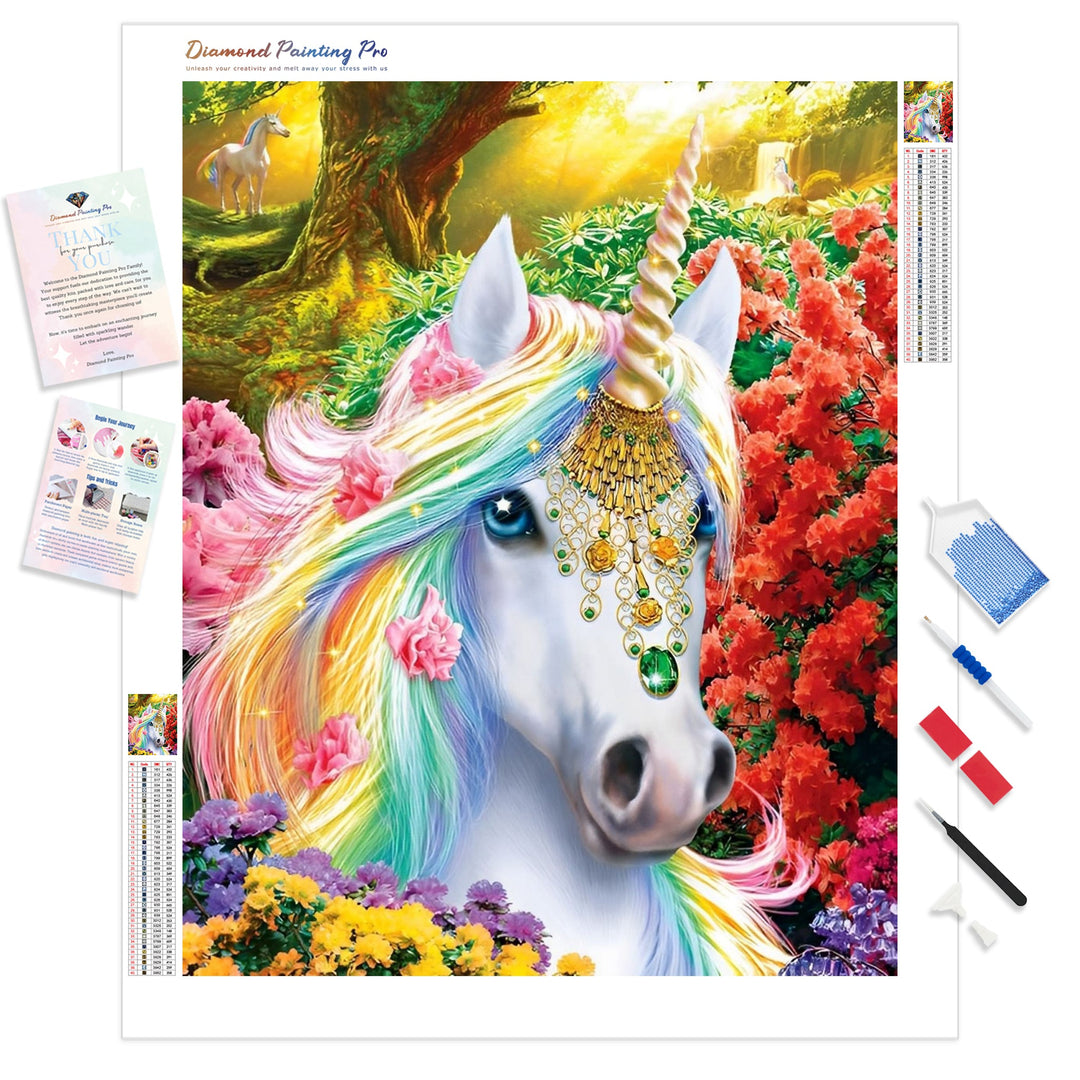 Unicorn Among Flowers | Diamond Painting Kit - Full Drill - Square or Round Diamonds with AB Drills Option