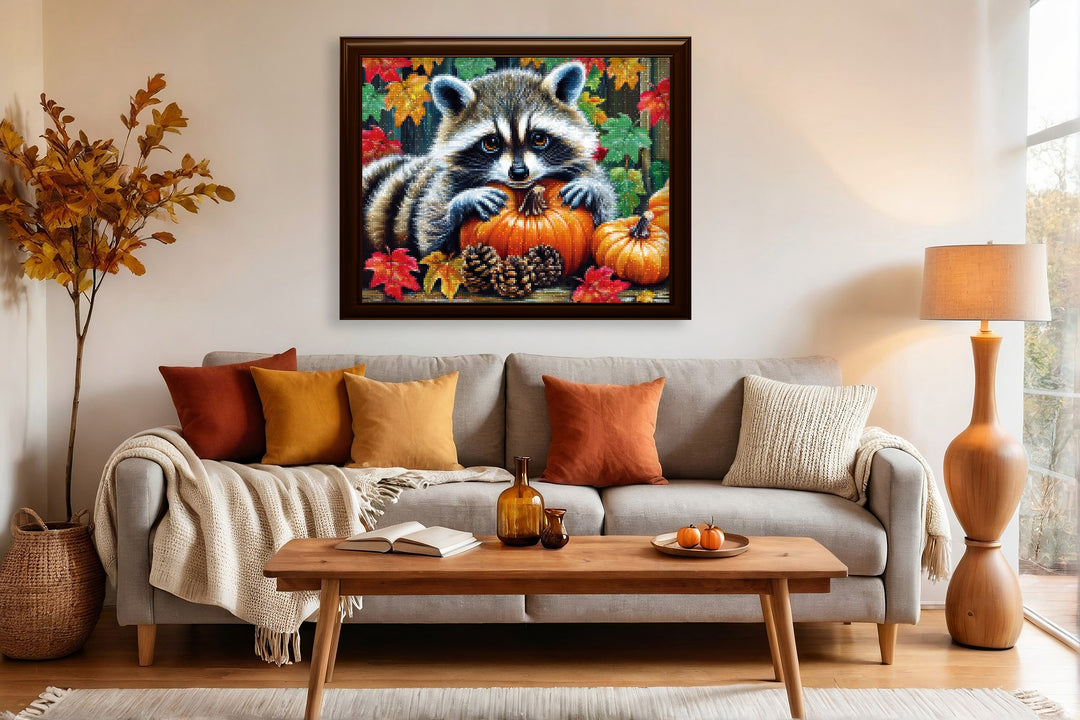 Diamond Painting Pro Raccoon's Pumpkin Snuggle Framed as Home Decor