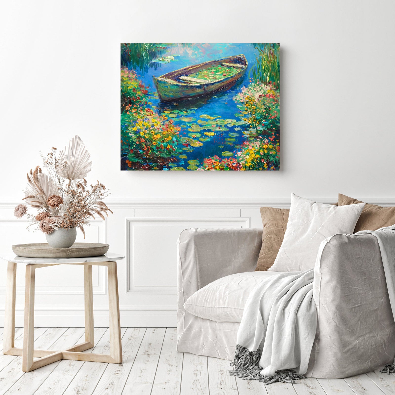 Boat on Tranquil Waters | Diamond Painting Displayed as Home Decor