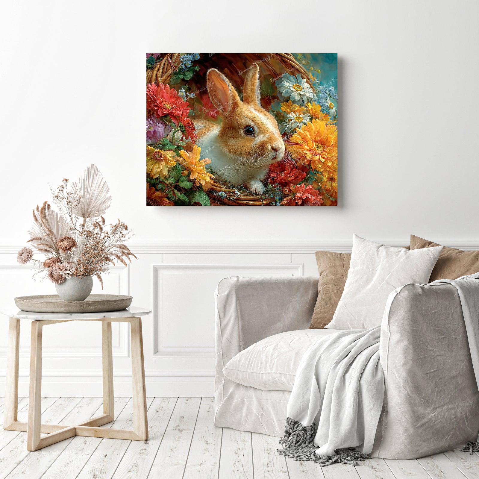 Bunny and Flower Basket Diamond Painting as Home Decor