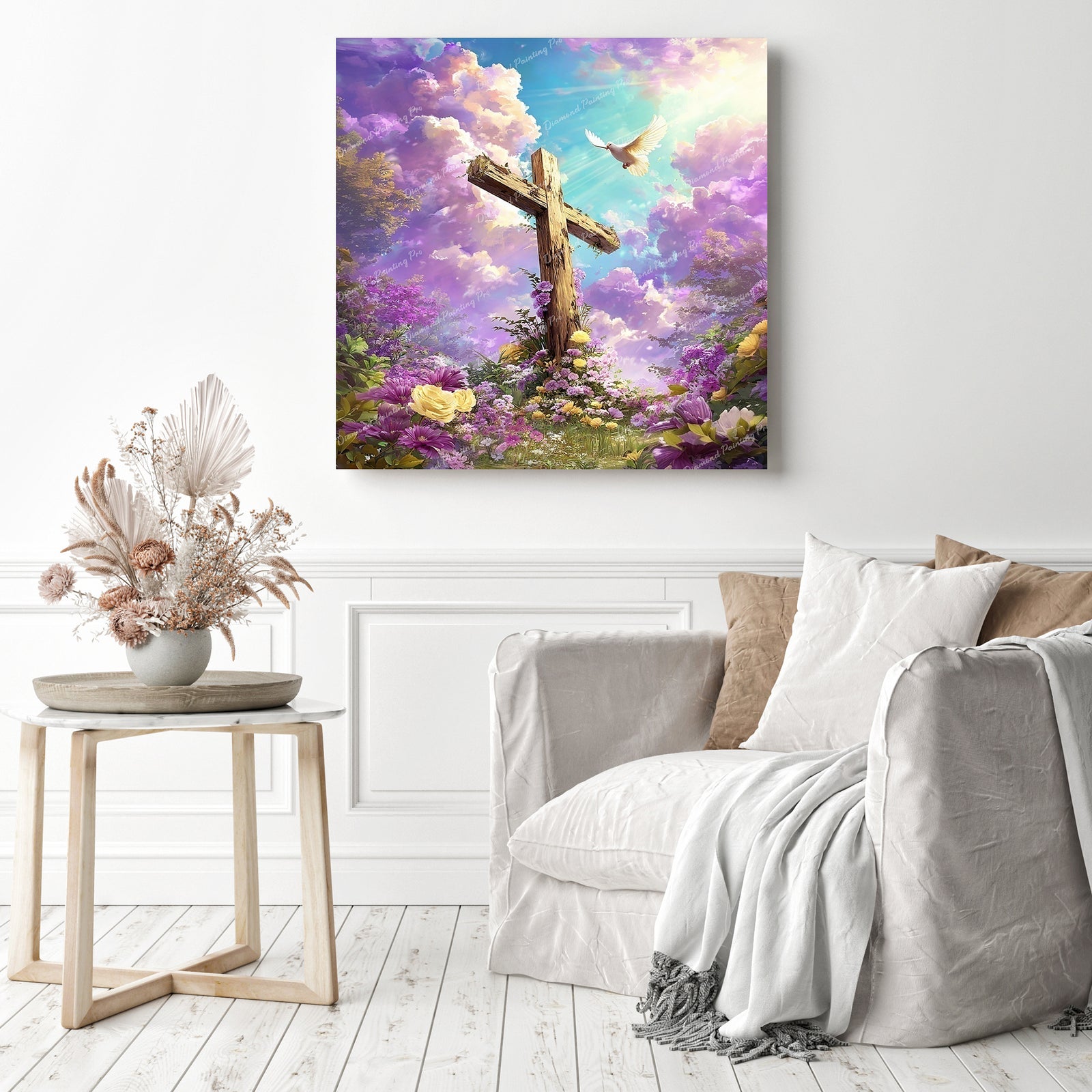 Cross and Lavender Clouds Diamond Painting as Home Decor