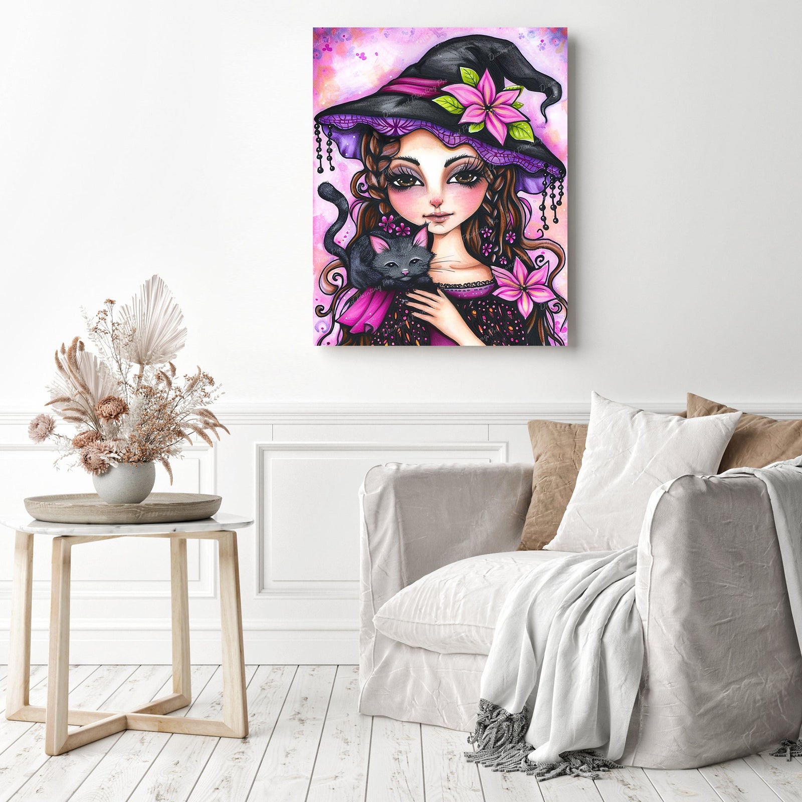 Witch's Kitty Cuddle | Diamond Painting Displayed as Home Decor