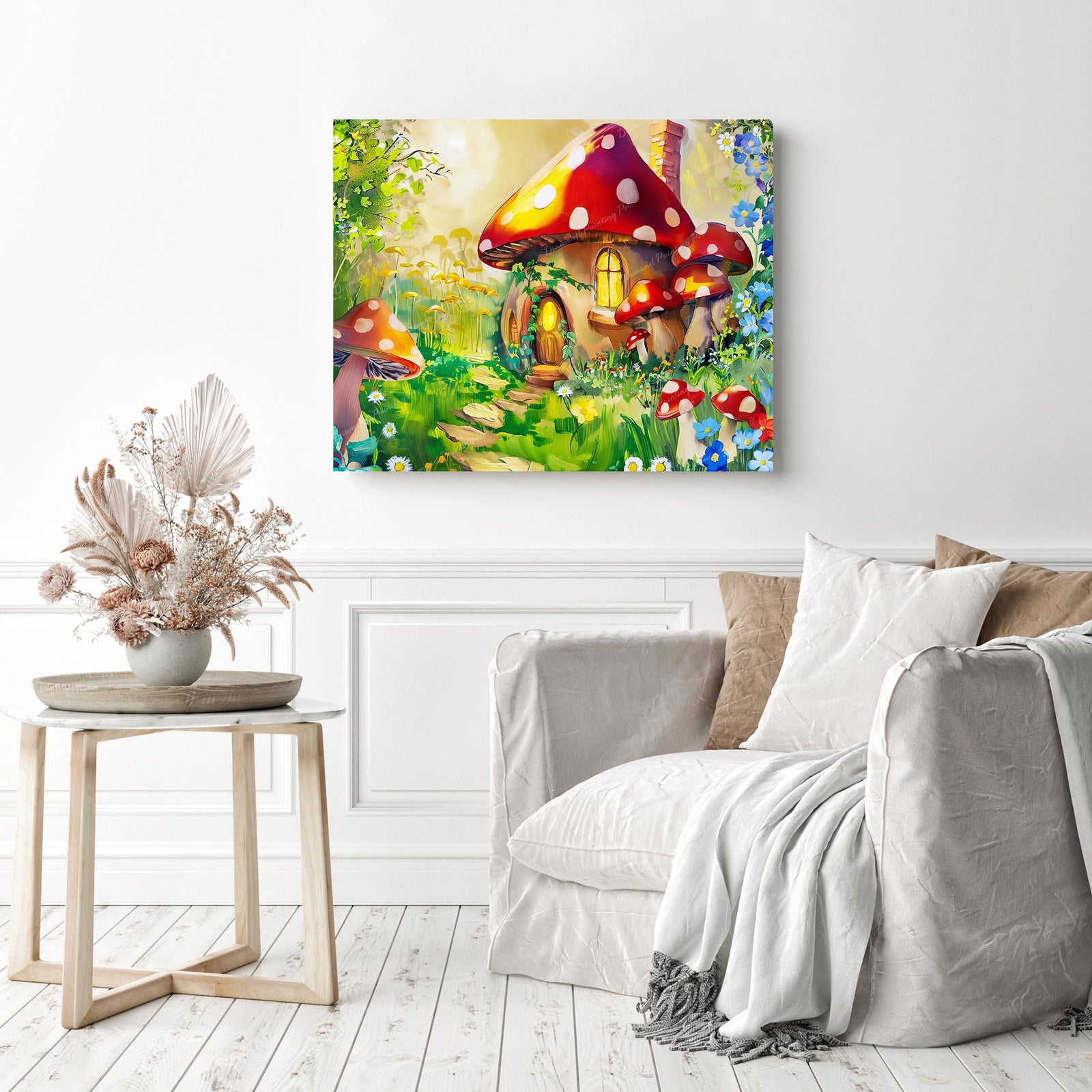 Enchanted Mushroom Cottage | Diamond Painting Displayed as Home Decor