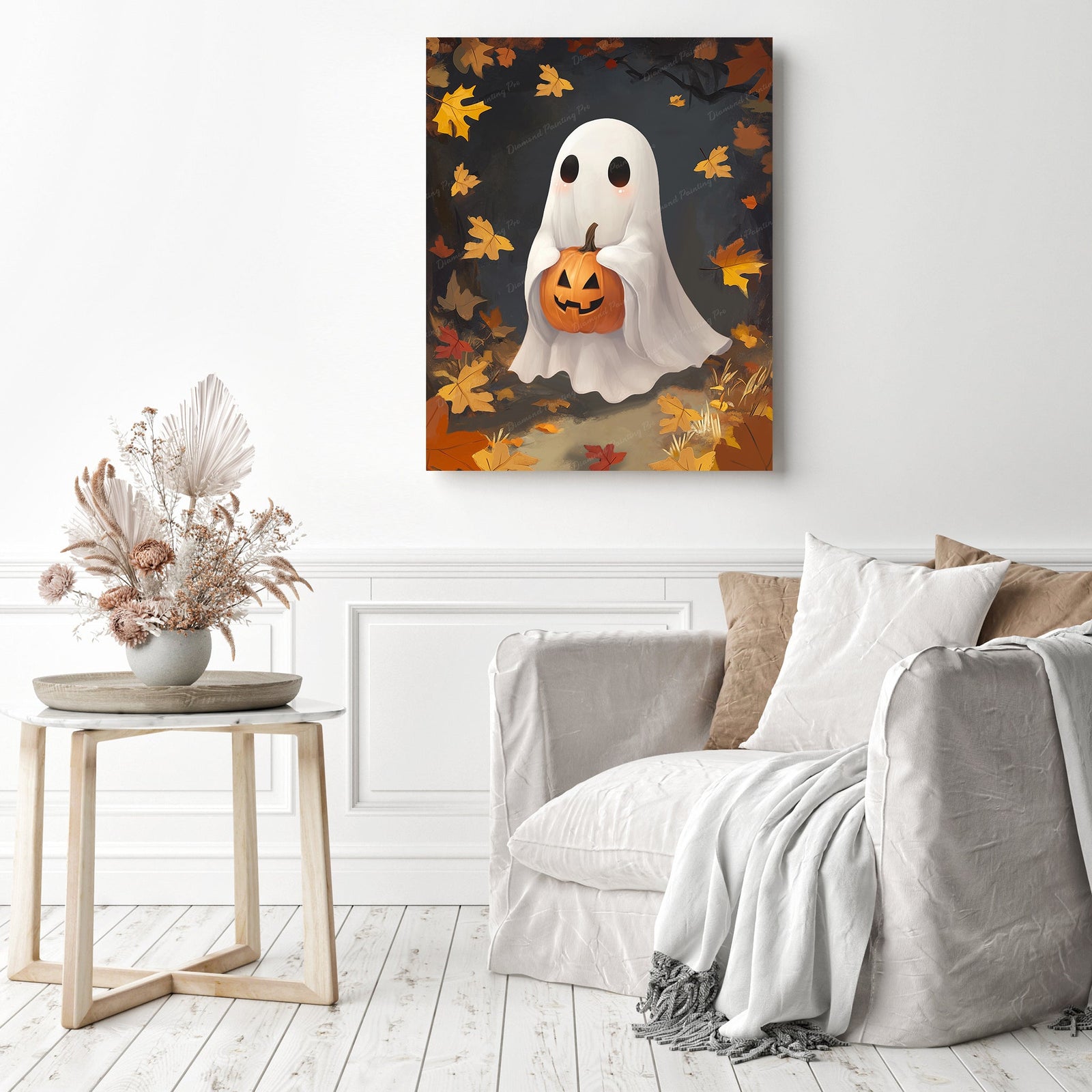 Friendly Ghost Lantern Hug | Diamond Painting Displayed as Home Decor