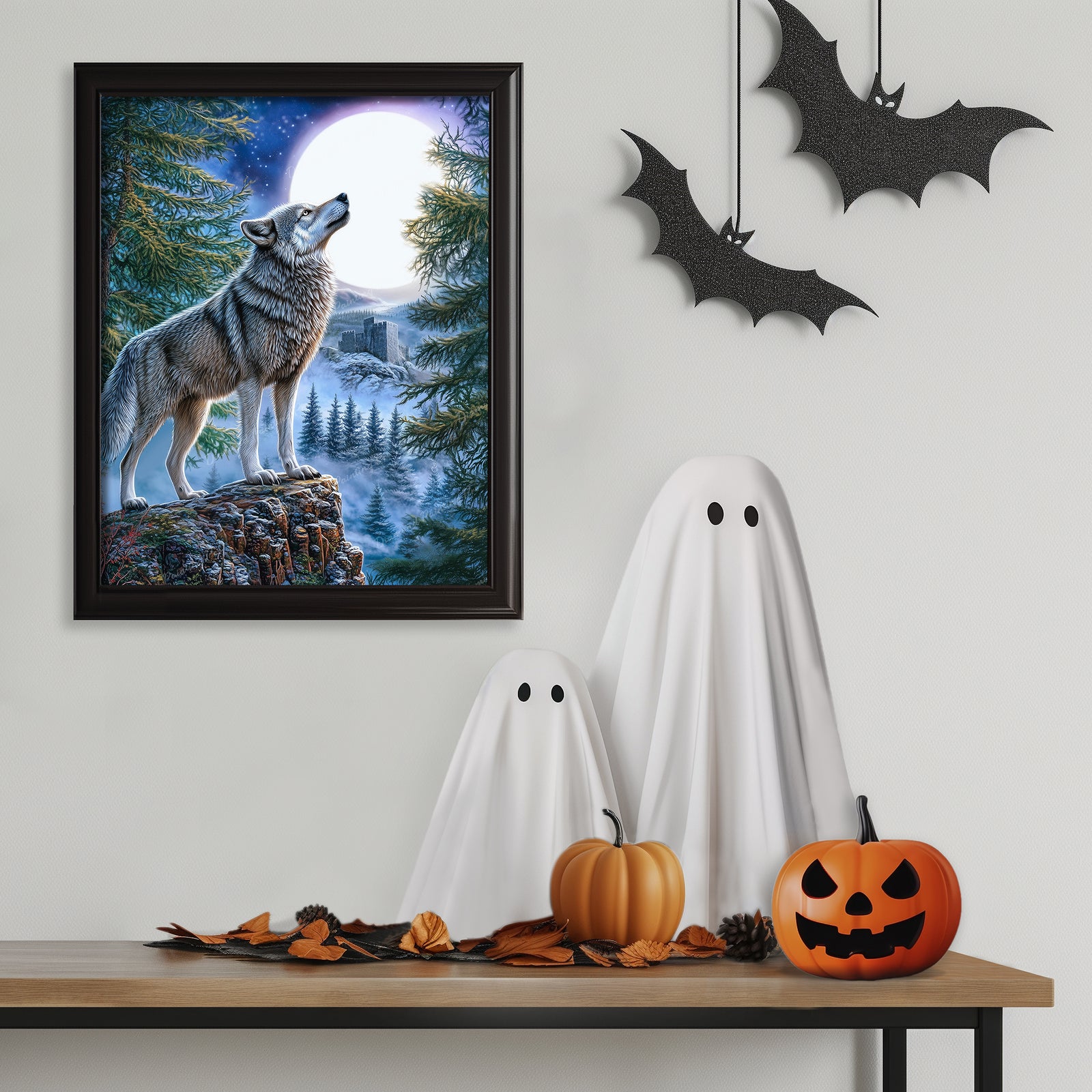 Moonlit Wolf Howl | Diamond Painting Displayed as Home Decor