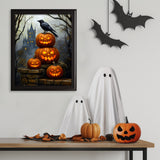 Raven on Stacked Pumpkins | Diamond Painting Displayed as Home Decor