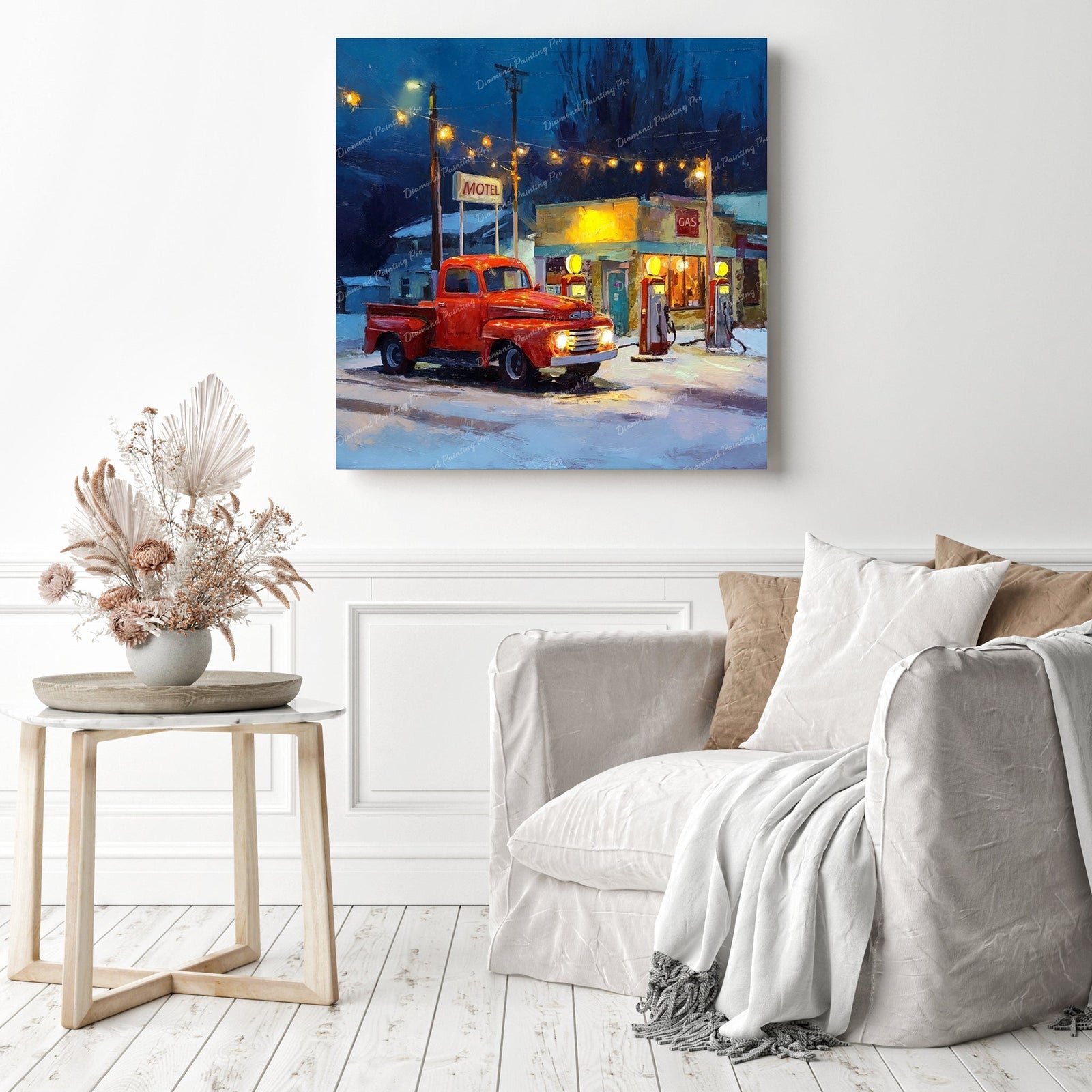 Red Truck at Gas Station Diamond Painting as Home Decor