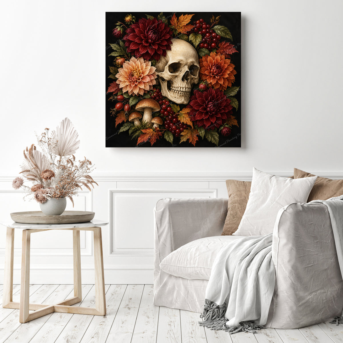 Skull with Dahlias Diamond Painting as Home Decor