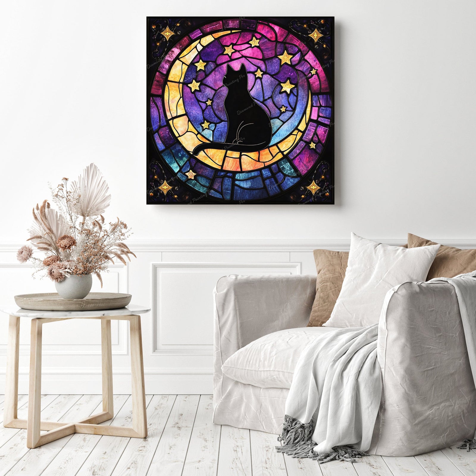 Stained Glass Lunar Cat Diamond Painting as Home Decor