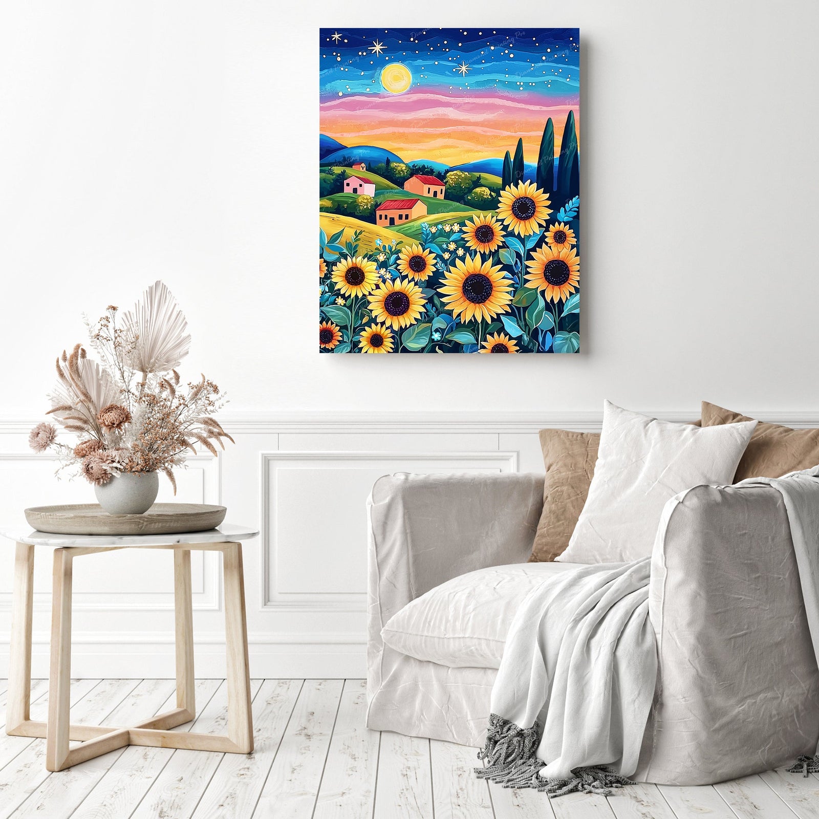 Sunflower Village | Diamond Painting Displayed as Home Decor