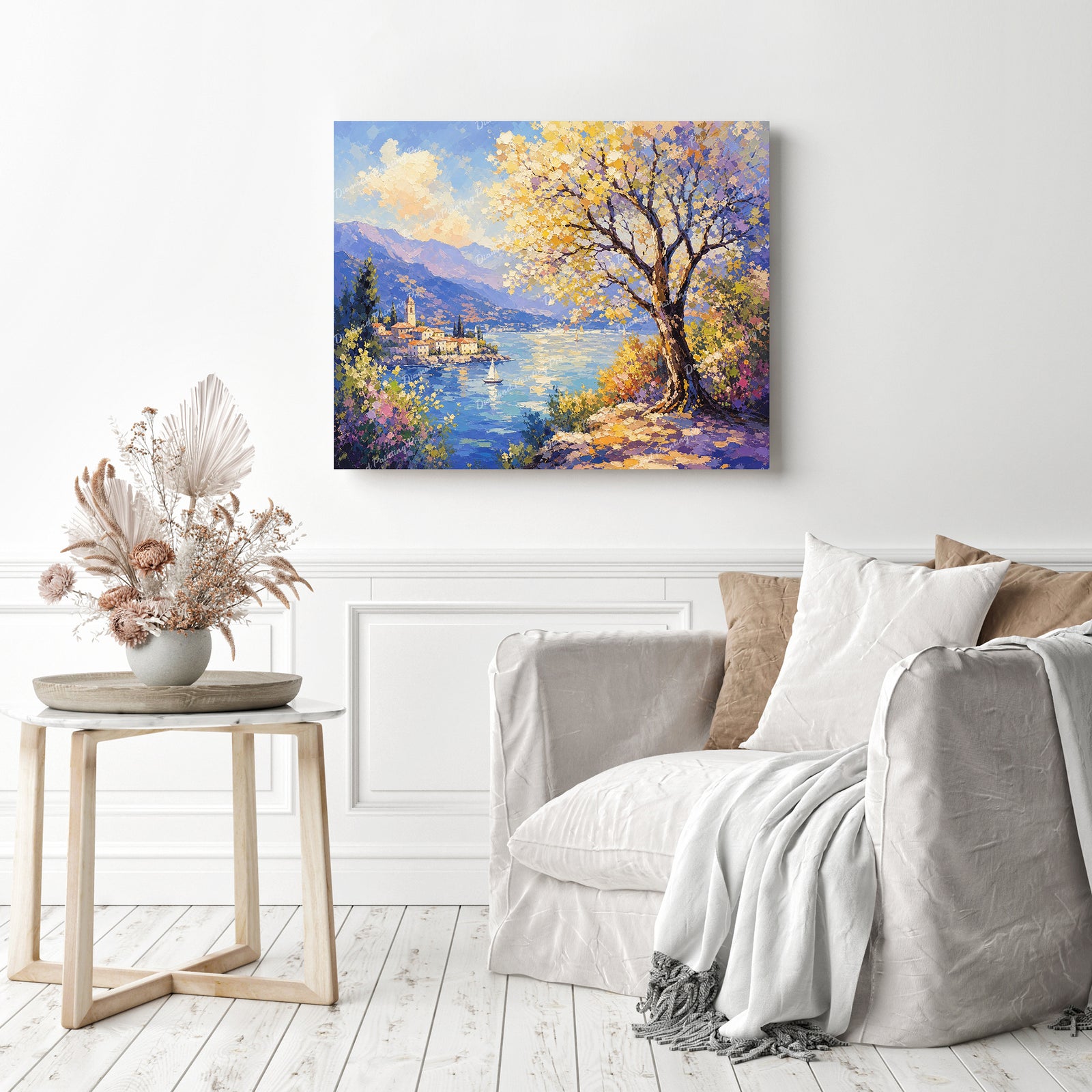 Sunlit Lakeside Village Diamond Painting as Home Decor
