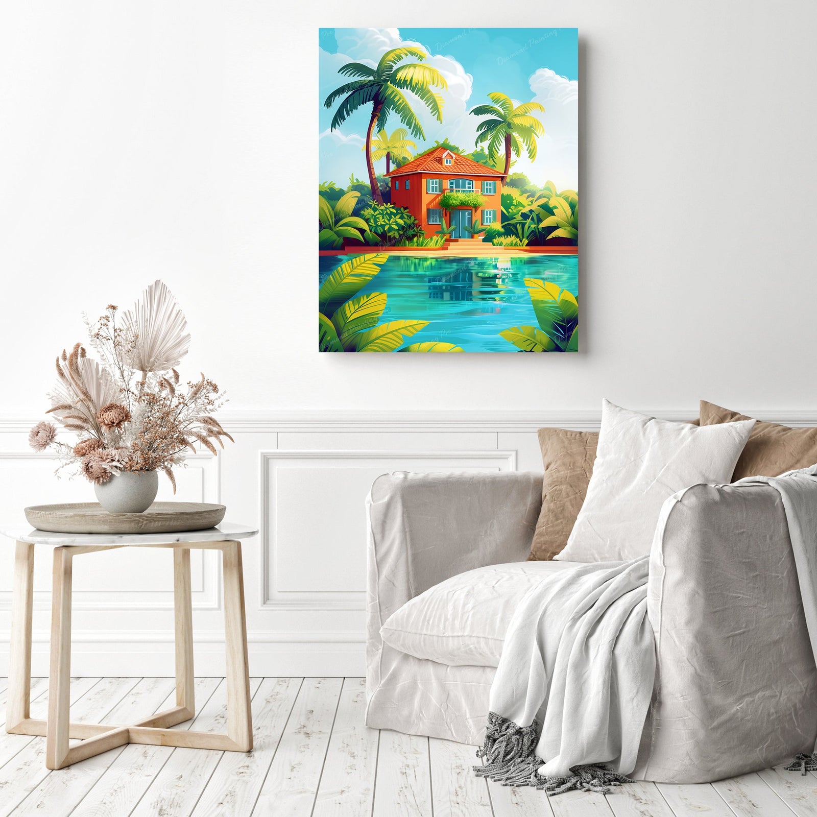 Tropical Lakeside House | Diamond Painting Displayed as Home Decor