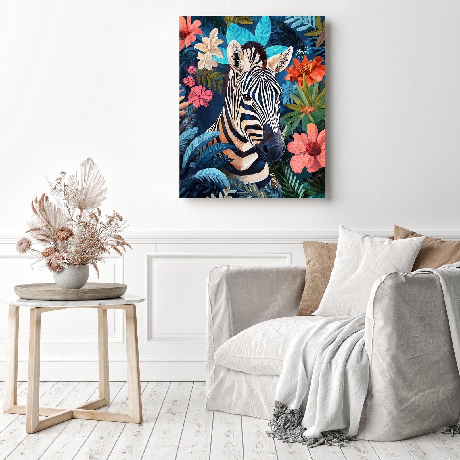 Zebra Among Blossoms | Diamond Painting Displayed as Home Decor