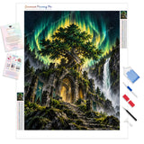Aurora Tree Temple Diamond Painting Kit - Full Drill / Square or Round Diamonds with AB Drills Option