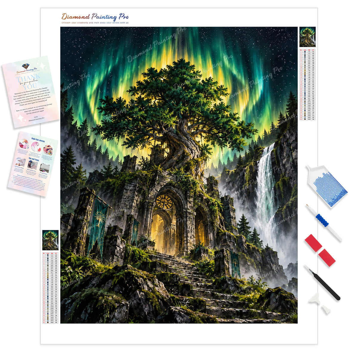 Aurora Tree Temple Diamond Painting Kit - Full Drill / Square or Round Diamonds with AB Drills Option