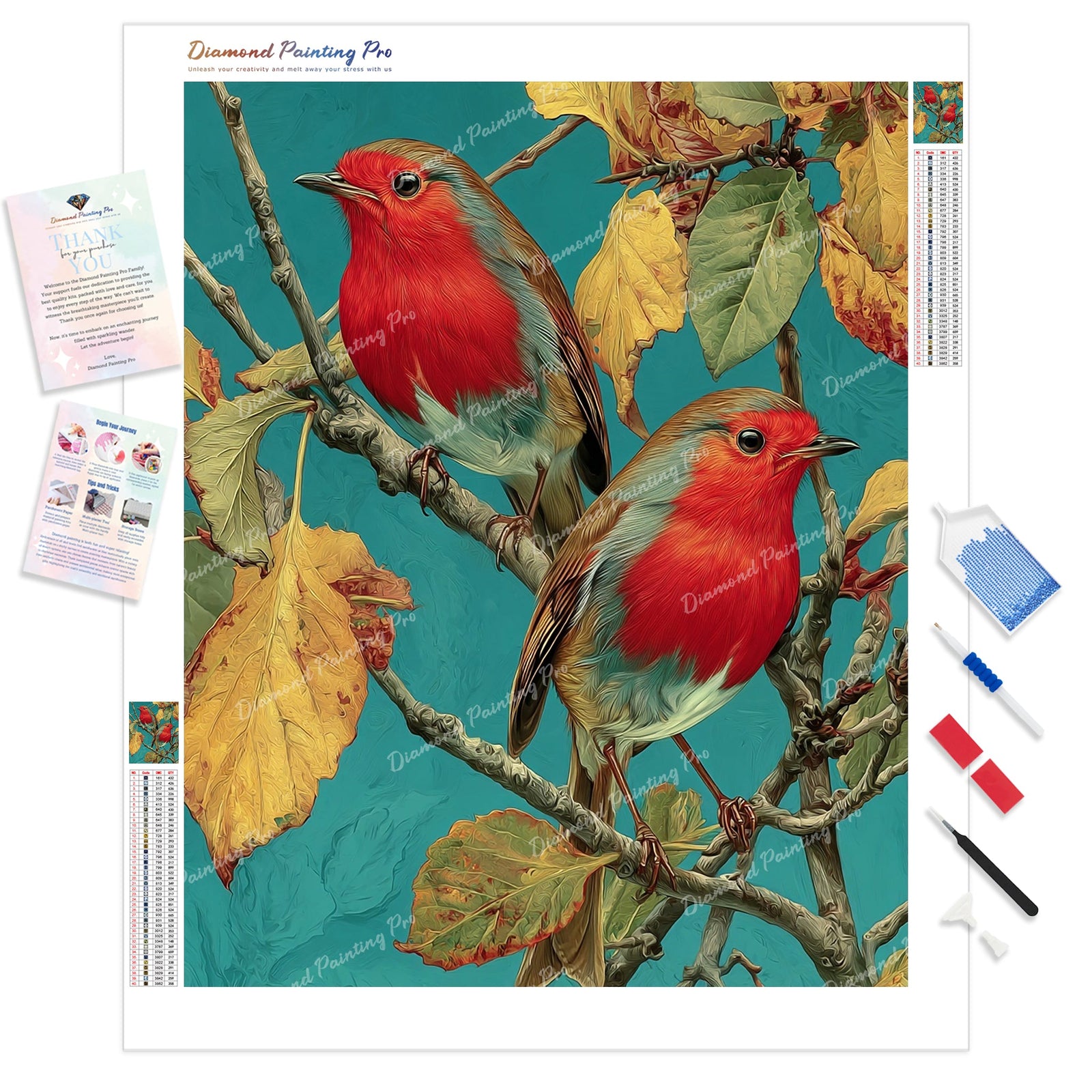 Autumn Robins Diamond Painting Kit - Full Drill / Square or Round Diamonds with AB Drills Option