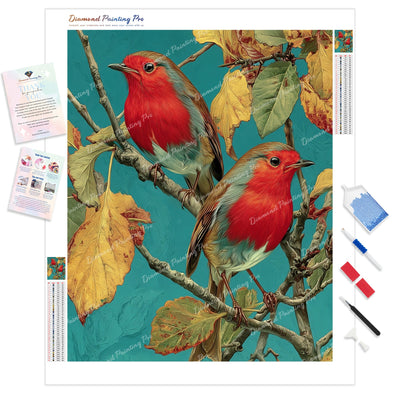 Autumn Robins Diamond Painting Kit - Full Drill / Square or Round Diamonds with AB Drills Option