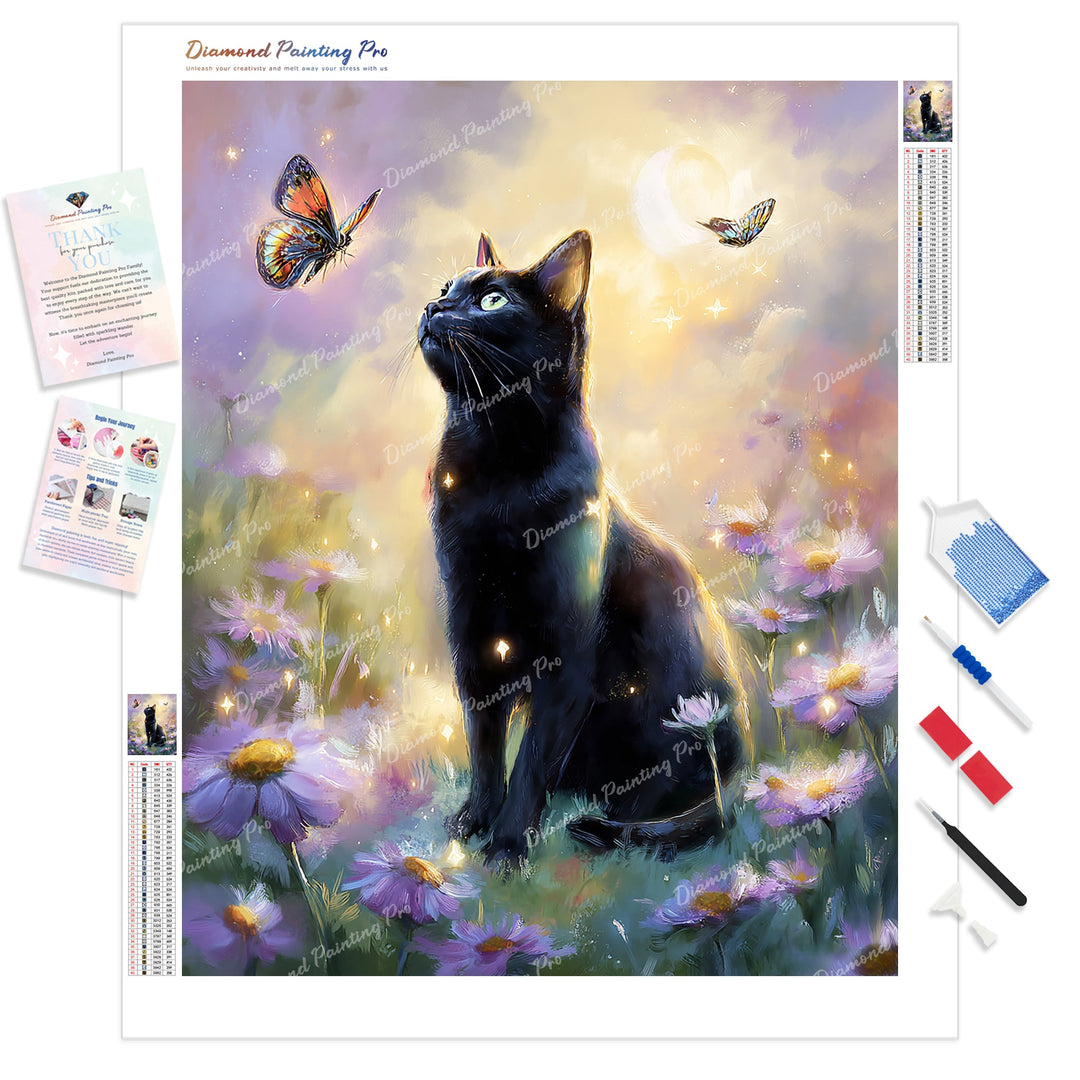 Black Cat and Daisies Diamond Painting Kit - Full Drill / Square or Round Diamonds with AB Drills Option