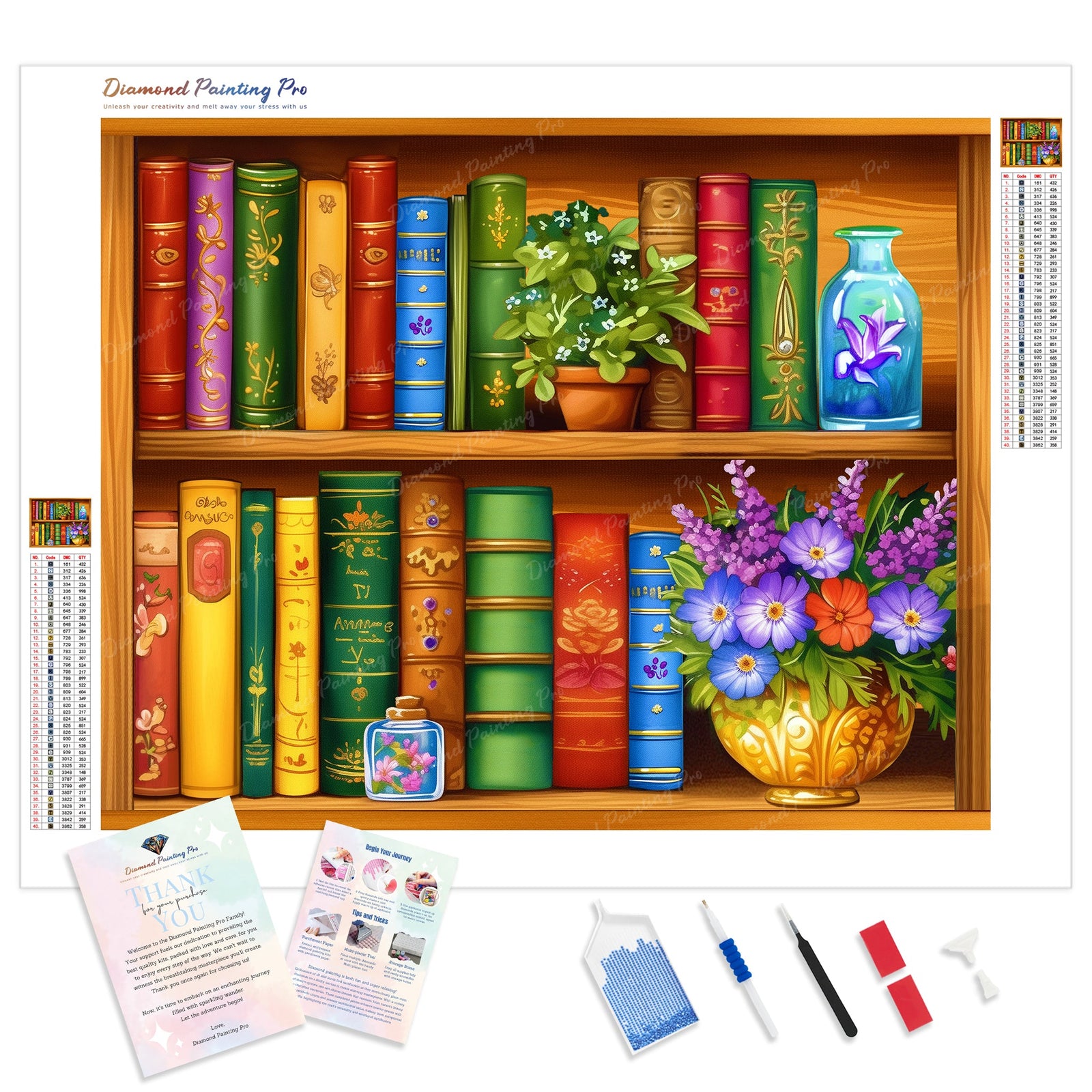 Books and Blooms | Diamond Painting Kit - Full Drill - Square or Round Diamonds with AB Drills Option