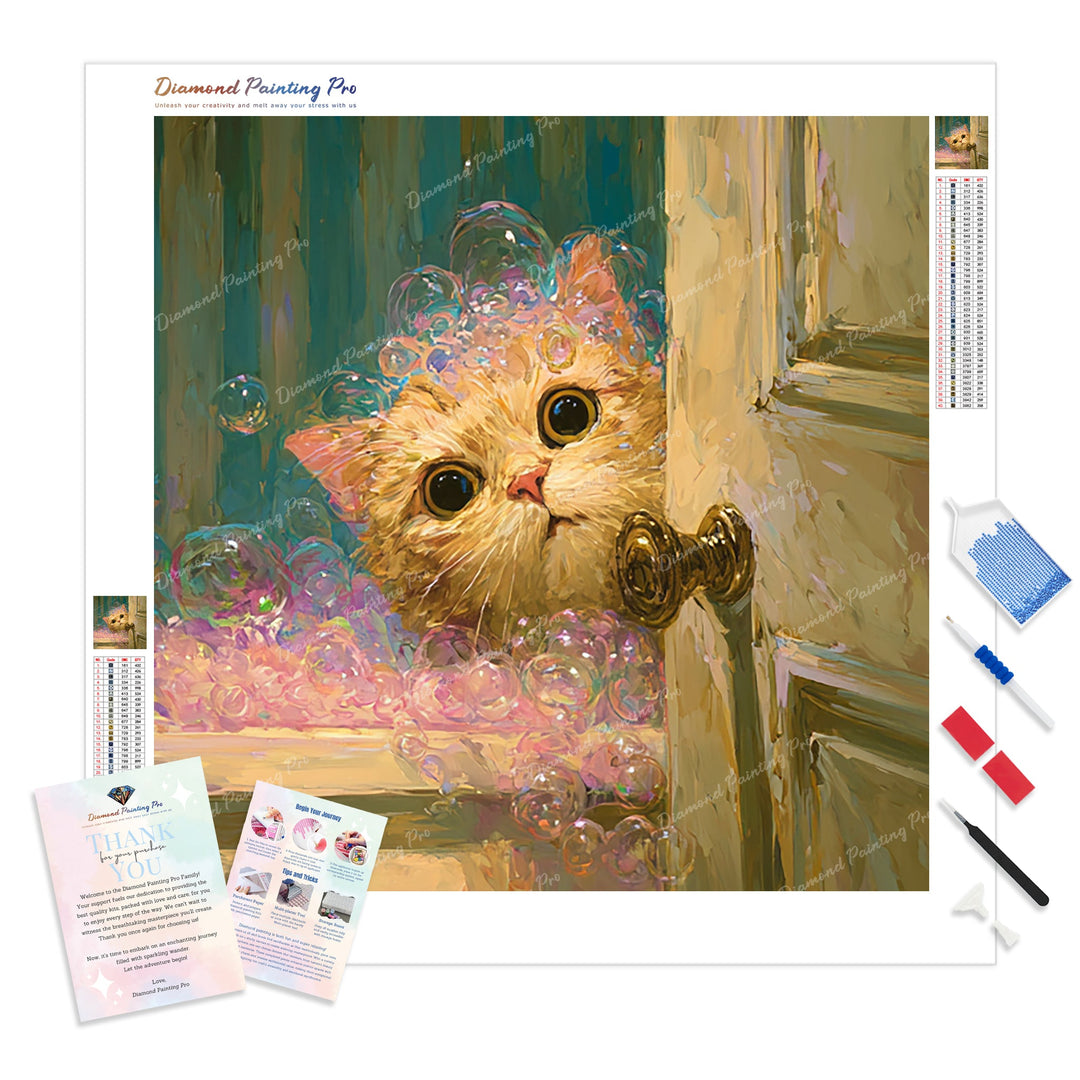 Bubble Bath Cat Diamond Painting Kit - Full Drill / Square or Round Diamonds with AB Drills Option