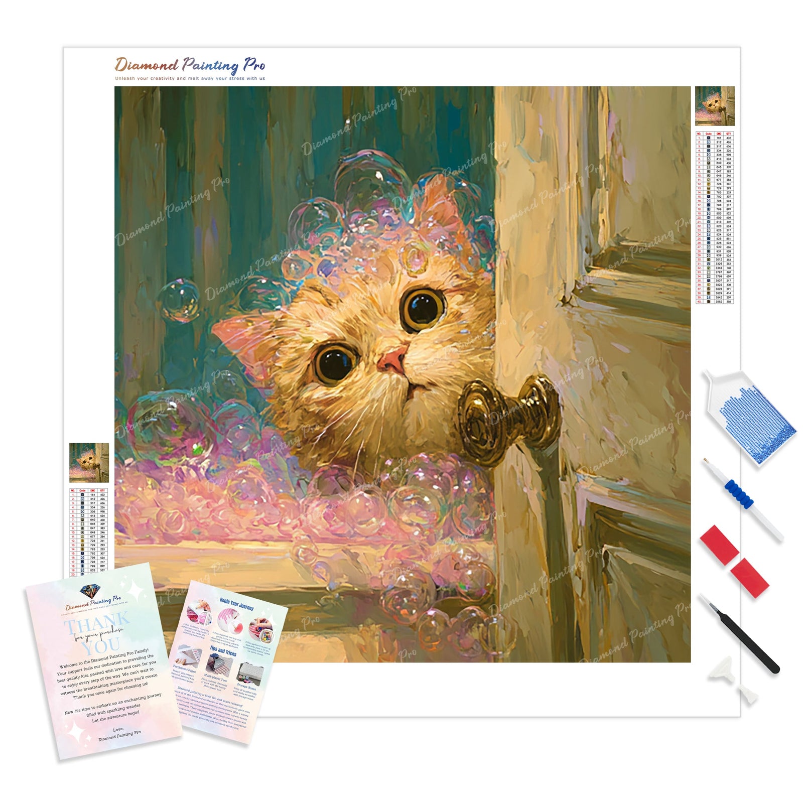 Bubble Bath Cat Diamond Painting Kit - Full Drill / Square or Round Diamonds with AB Drills Option
